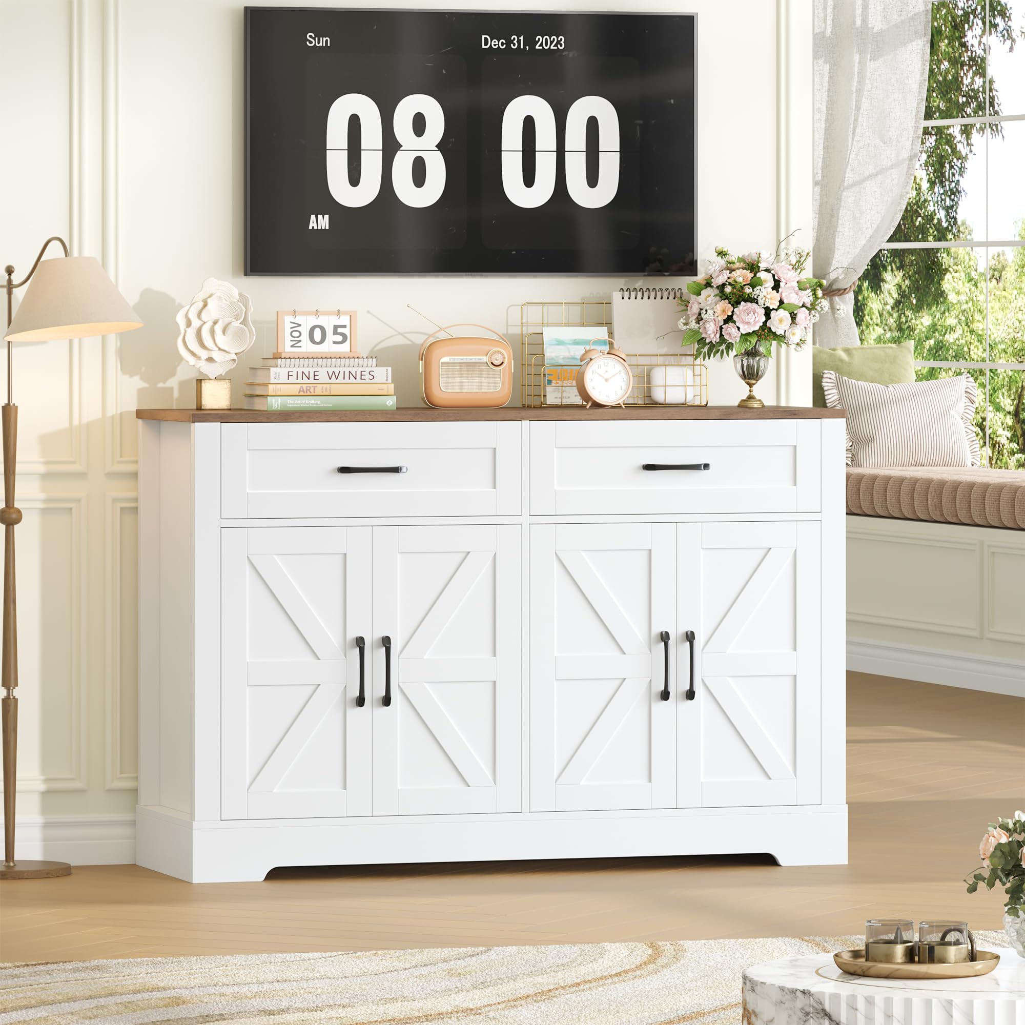 HOCSOK Buffet Meuble de Rangement, Placard, avec 2 Tiroirs et 4 Portes, Meuble Cuisine pour Salon, Cuisine, Salle à Manger, 40 x 120 x 87 cm