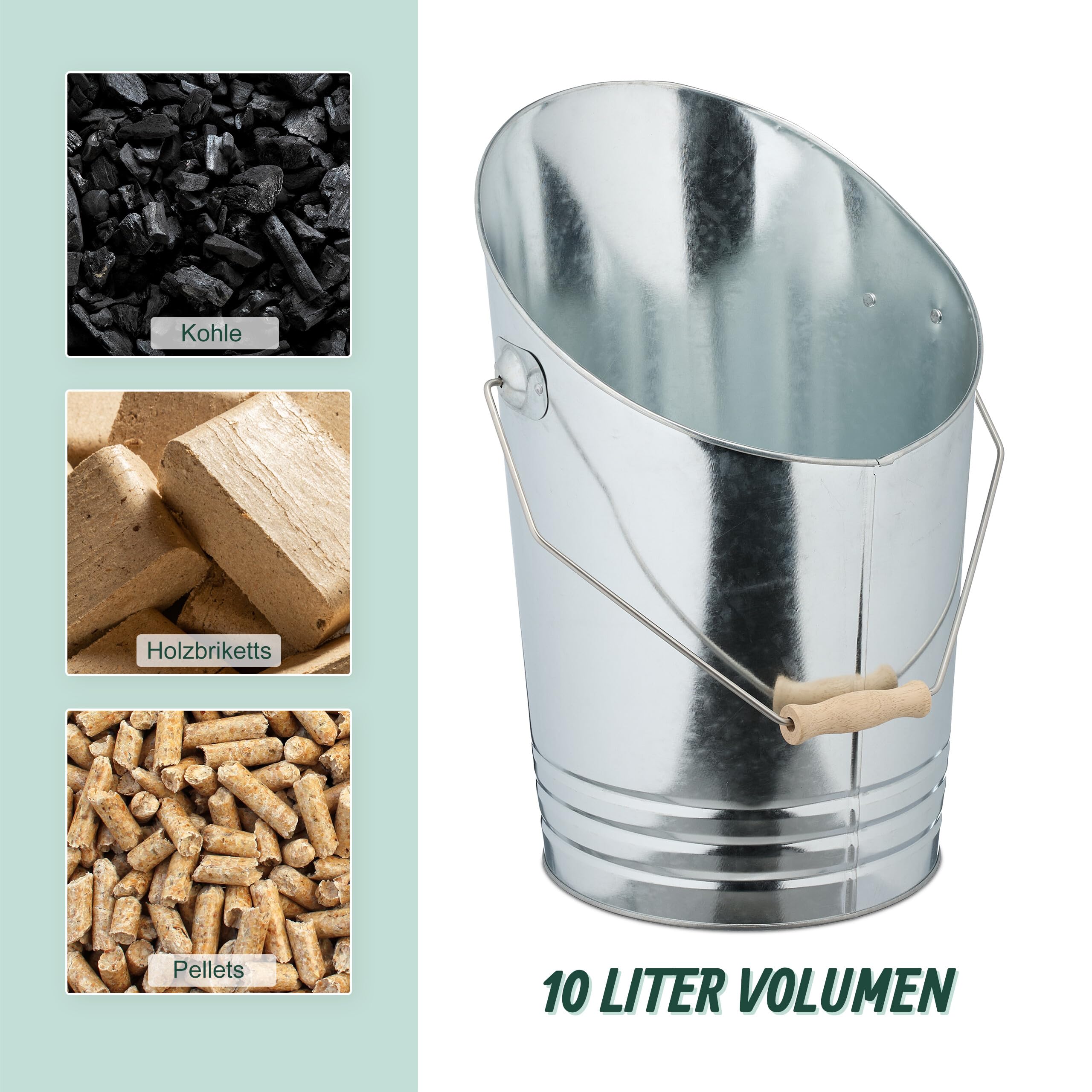 Relaxdays Kohleneimer, Schaufel, 10 Liter, Kohle, Pellets, Briketts, Kaminzubehör, Ascheeimer mit Henkel, silber/natur