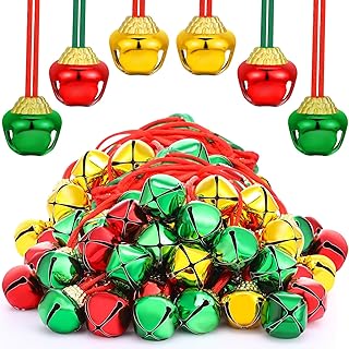 72 Pieces Christmas Bell Necklaces Christmas Holiday Necklaces Gold Red Green Xmas Jingle Bell Necklaces with Ribbons for Christmas Craft Gift Supplies Stocking Stuffers Accessories
