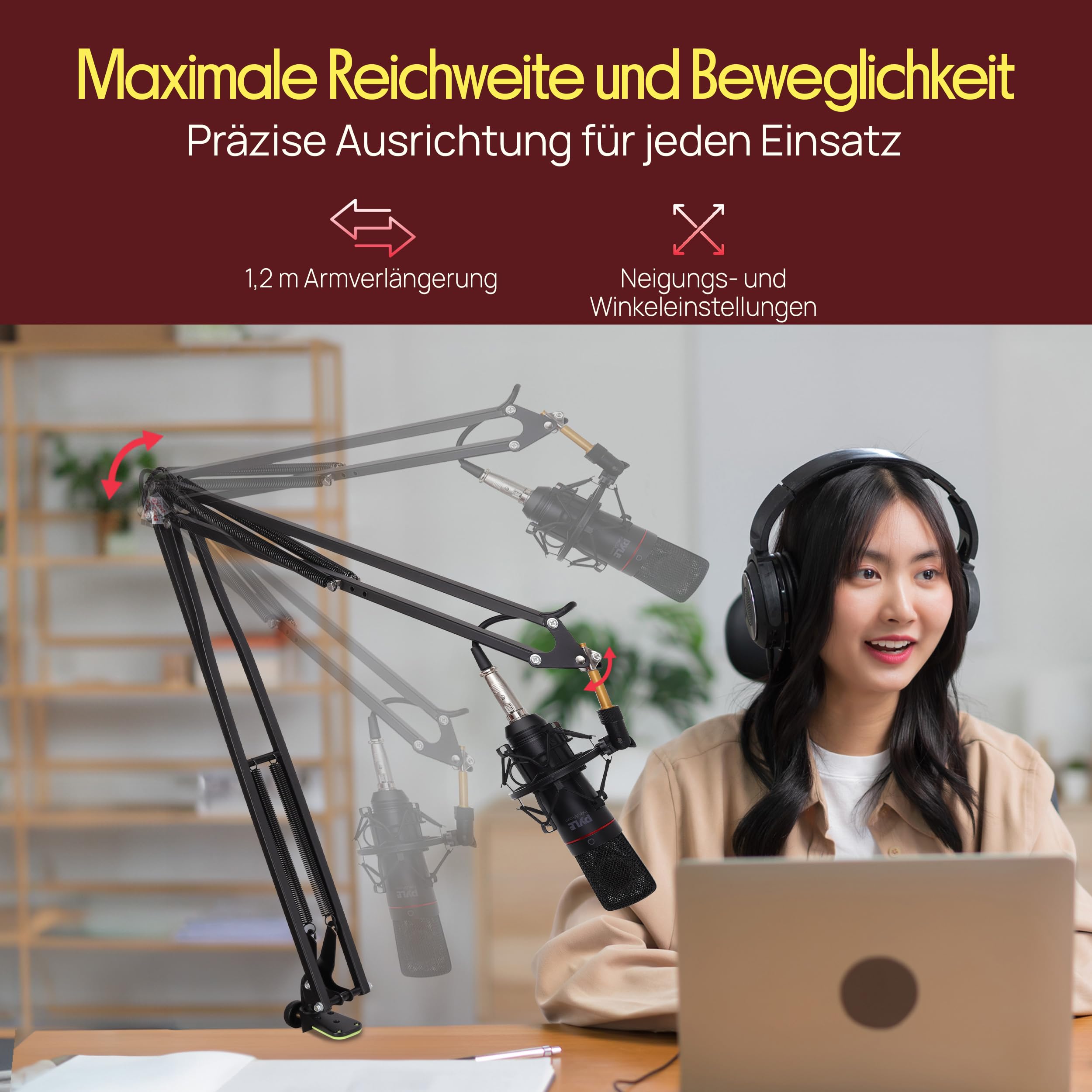 Pyle Mikrofon Arm, Ausziehbarer Tisch- Scherenarm mit Schockmount & Halterclips, mit Adapter Kompatibel mit Blue Snowball, HyperX QuadCast/SoloCast, Für Podcast, Streaming, Gaming, Home Studio