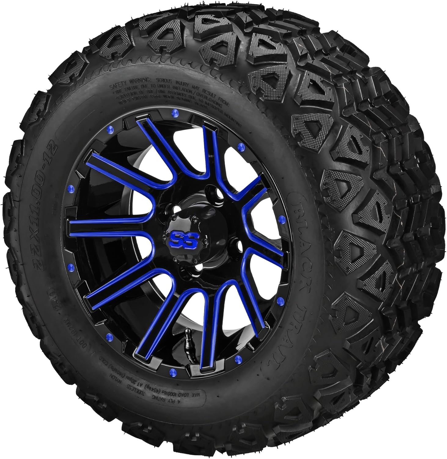RM Cart 12" Venom Black/Blue Ball-Milled on 22x11-12 Black Trail DOT Tires (Set of 4) | Golf Cart Tires and Wheels Combo with Standard Lug Nuts