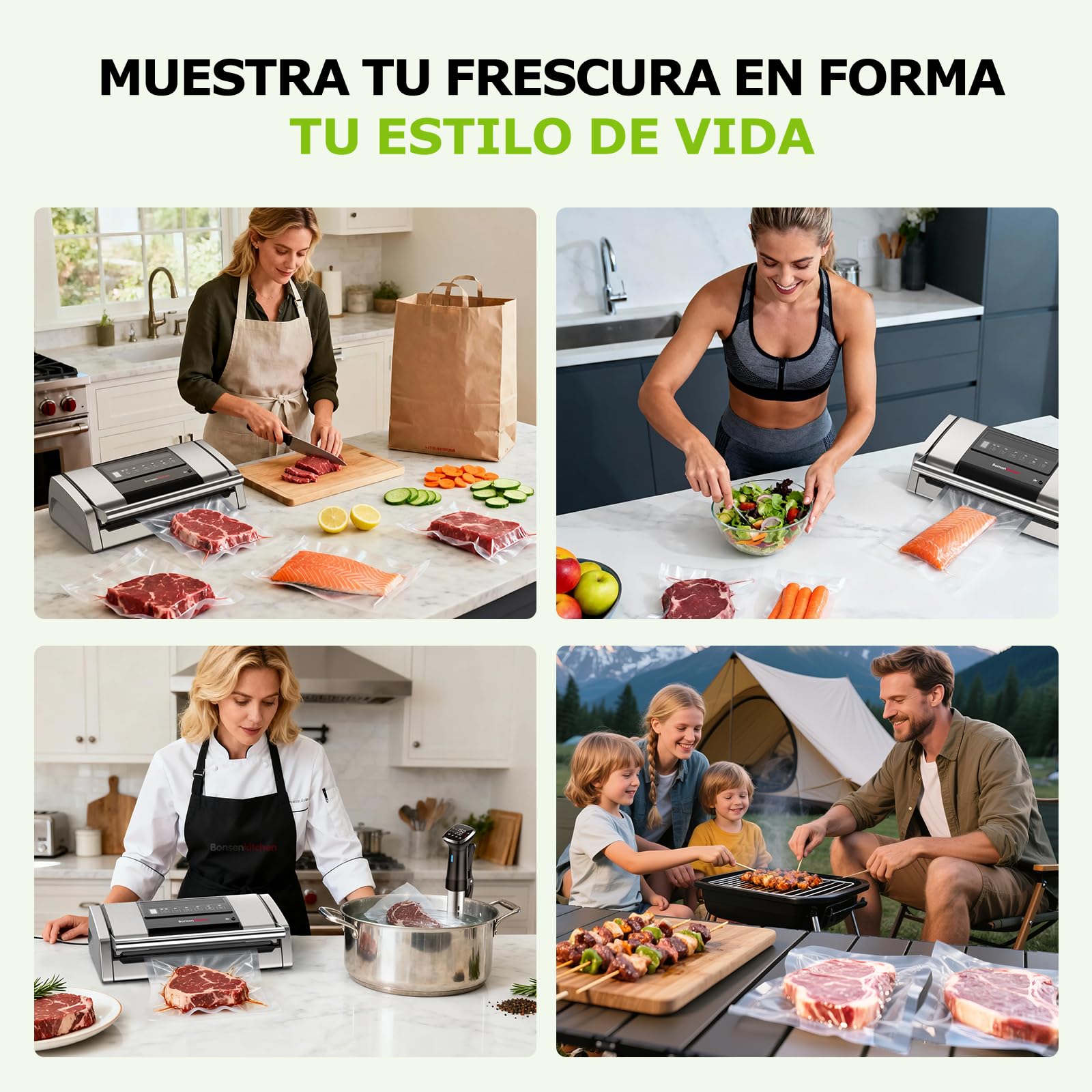 Bonsenkitchen Envasadora al Vacío, 15 L/min, con Clip Para Bolsas, Bloqueo de Asa y Cortador Integrado, Para Cocinar al Vacío y Preparar Alimentos, Sellado Rápido de Alto Rendimiento-VS5100