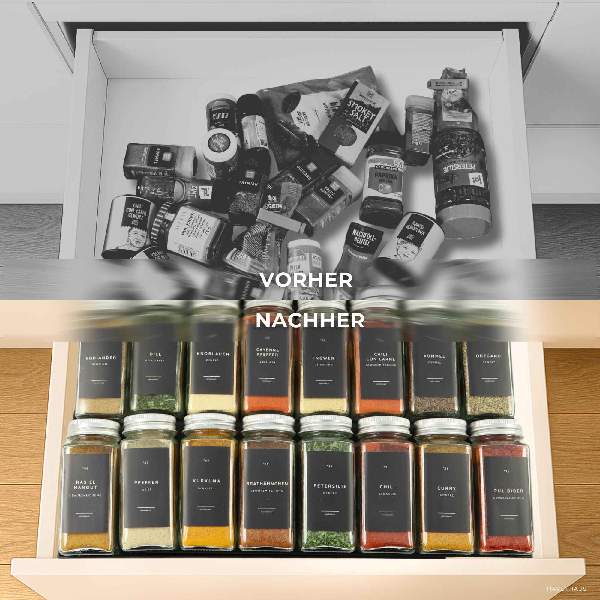Havenhaus Gewürzgläser Set mit Regal | Gewürzregal Schublade inkl. 24 Gewürzgläser& 336 Gewürzetiketten | Gewürz Organizer Schublade verstellbar& passend für alle Schubladen | Gewürzeinsatz Schublade