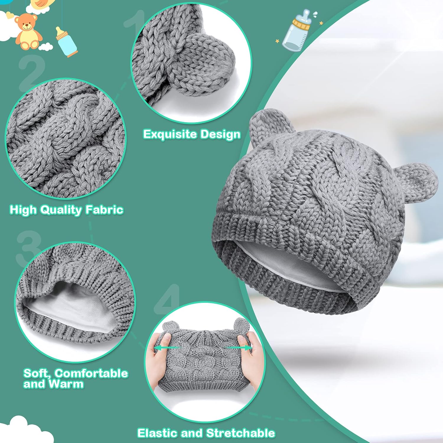 6 Pieces Baby Hats and Mitten Set Winter Newborn Unisex Beanie Hat Knitted Gloves Warm Cap Infant Toddler for Boys Girls 6 to 18 Months (Black, White, Gray) - Image 3