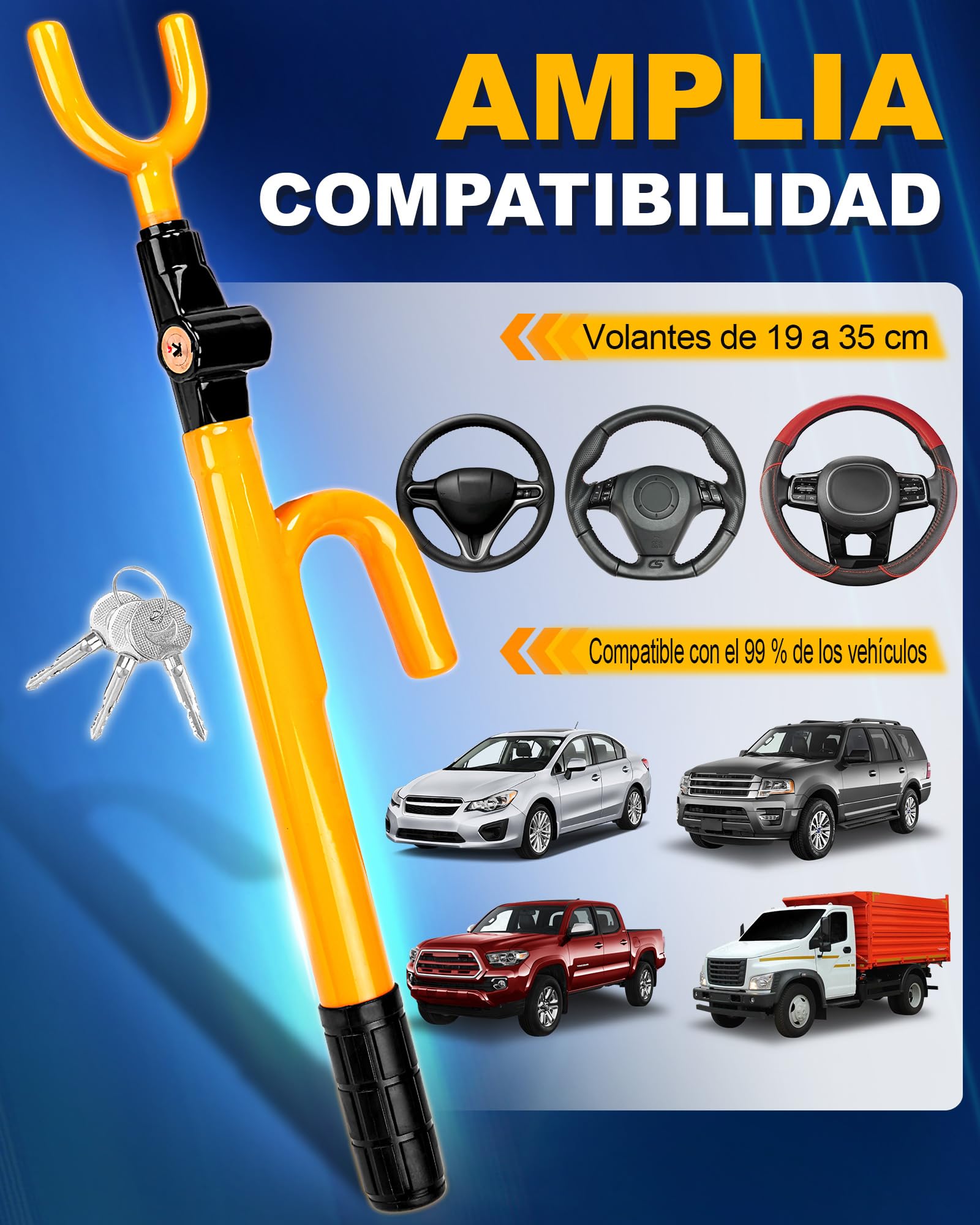 Tevlaphee Candado para Volante, Cerradura de Seguridad para Coche, Dispositivo Anti-Robo Resistente, Alta Visibilidad, Ajuste Universal para Coches, SUV y Furgonetas, Ajustable, 3 Llaves(Amarillo)