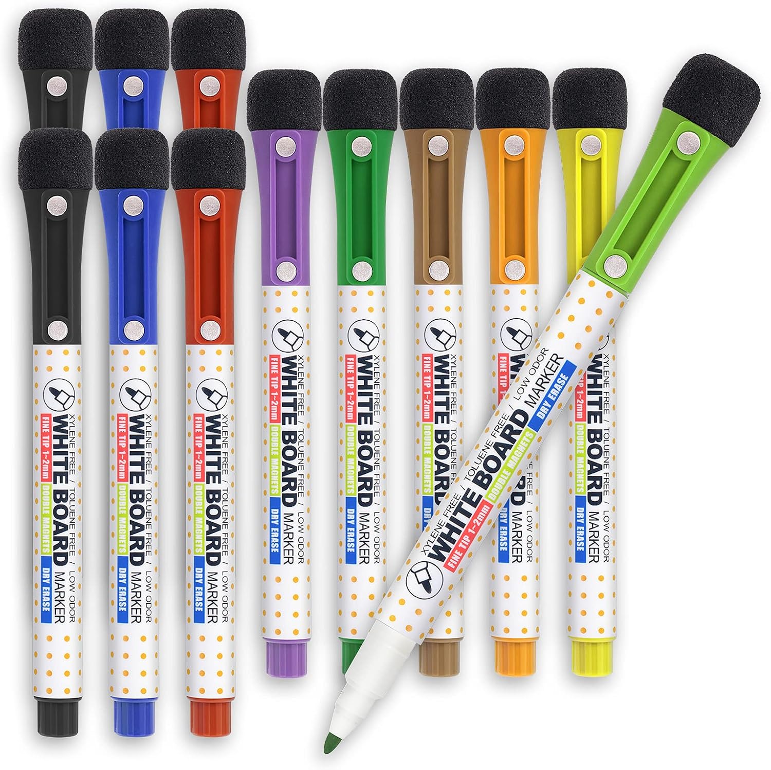 Mag-Fancy Dry Erase Markers Fine Point - Magnetic Whiteboard Markers - 9 Assorted Colors, 12 Pack Low Odor