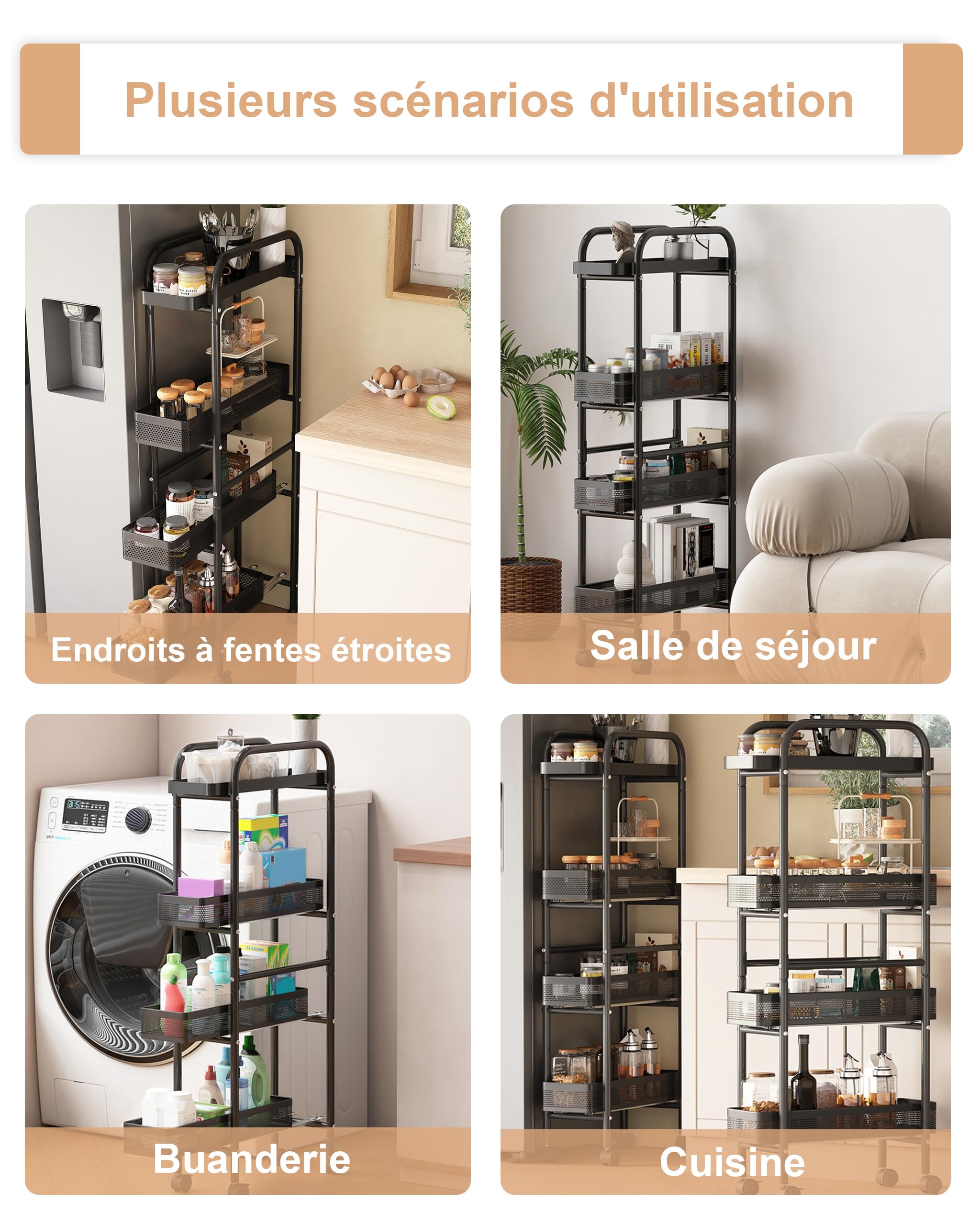 UMDONX Métallique Chariot de Cuisine étroit avec Tiroirs Coulissants,Noir | 4 Niveaux étagère Roulette Etroite,Chariot de Service à roulettes,Chariots de Rangement pour Cuisine Bain Salon Balcon