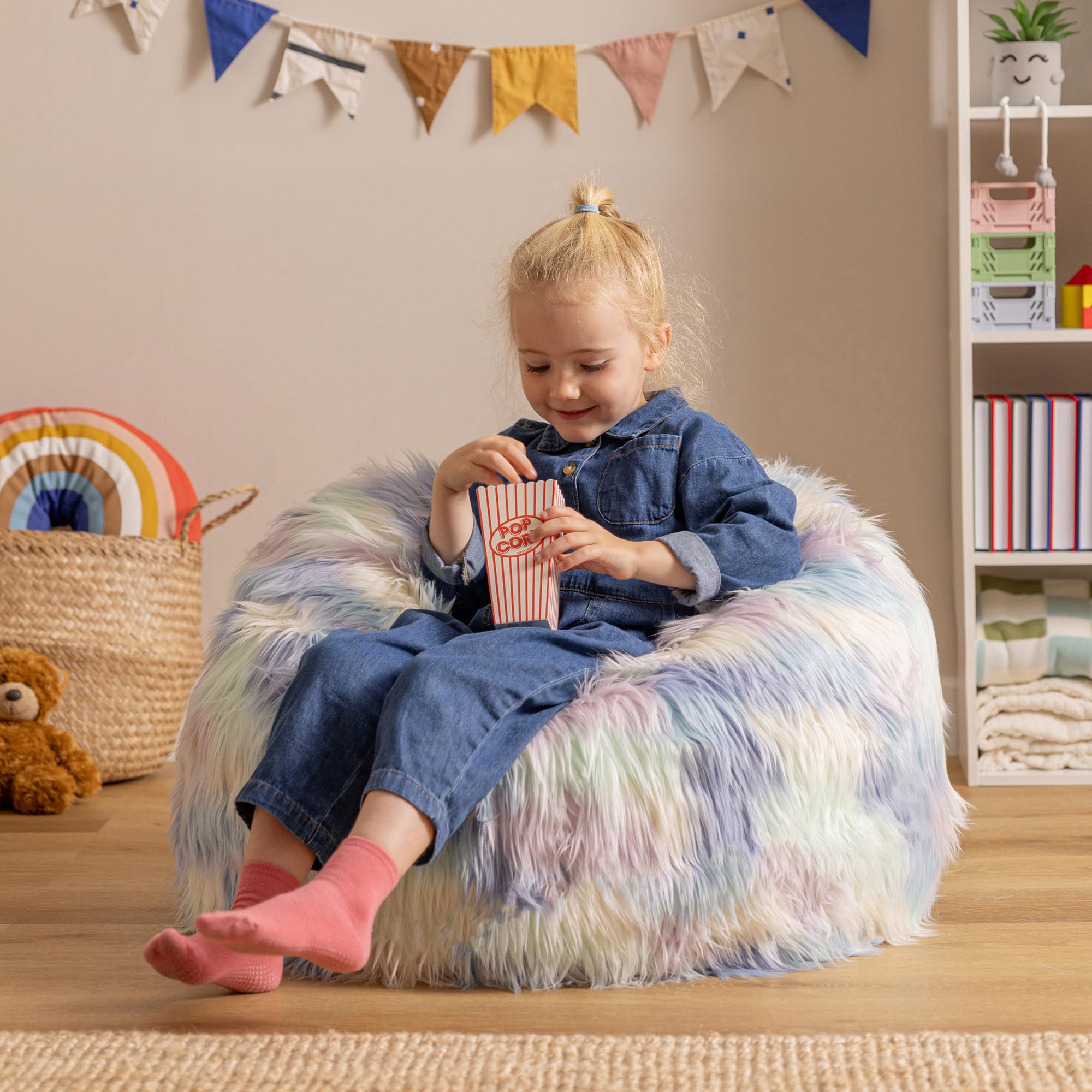 Icon Kingston Sitzsack Kinder, Unicorn, Flauschiger Kunstpelzstoff, Sitzsack Flauschig mit Füllung, Bequemer Kinder Sessel, Kuschelsessel, Lese Sessel, Schlafzimmer, Kinderzimmer, Spielzimmer