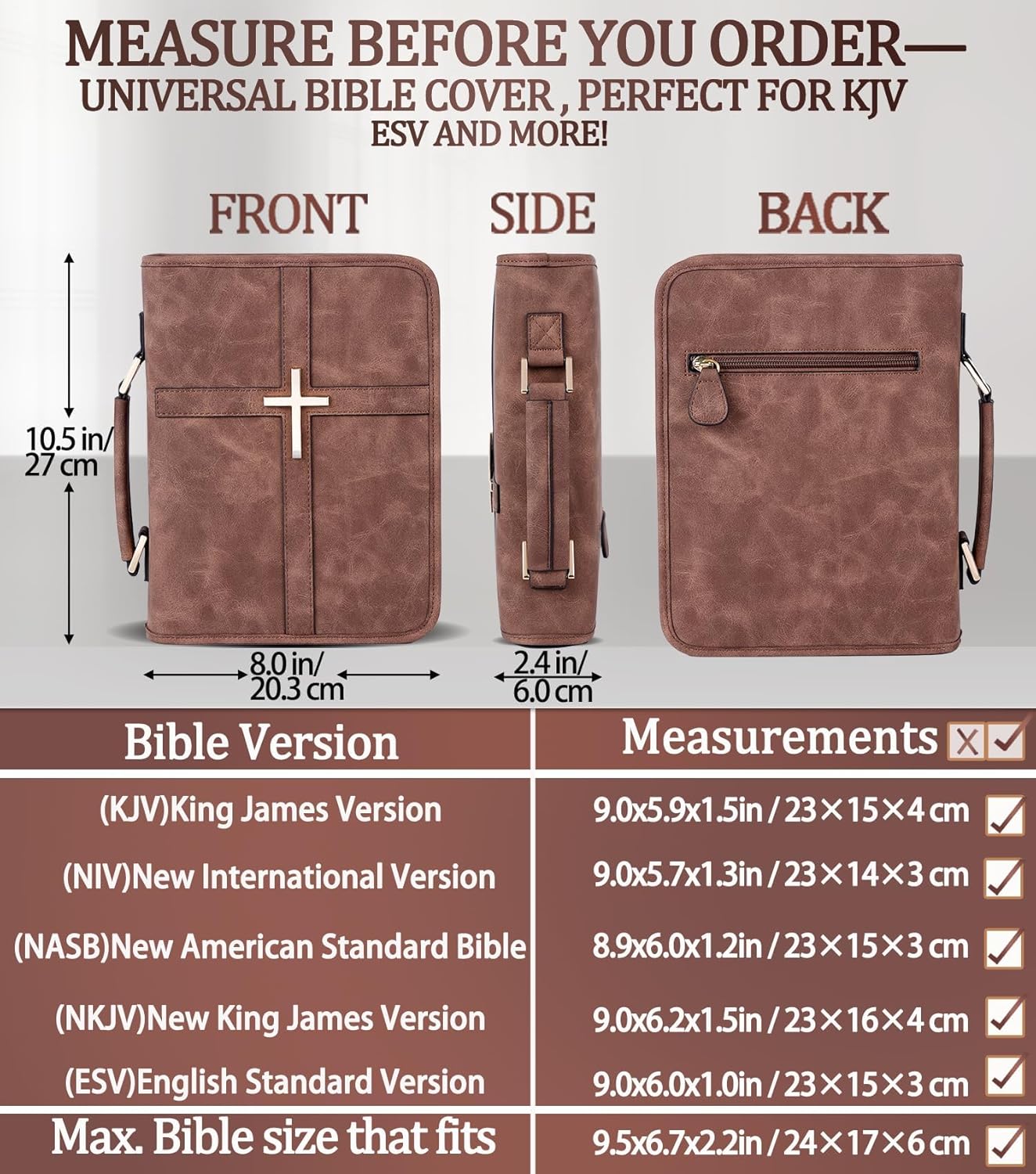 Vegan Leather Bible Cover Case, Bible Bag with Phone Pocket, Bible Case for Men Women, Christian Gift Box Packaging (Brown)