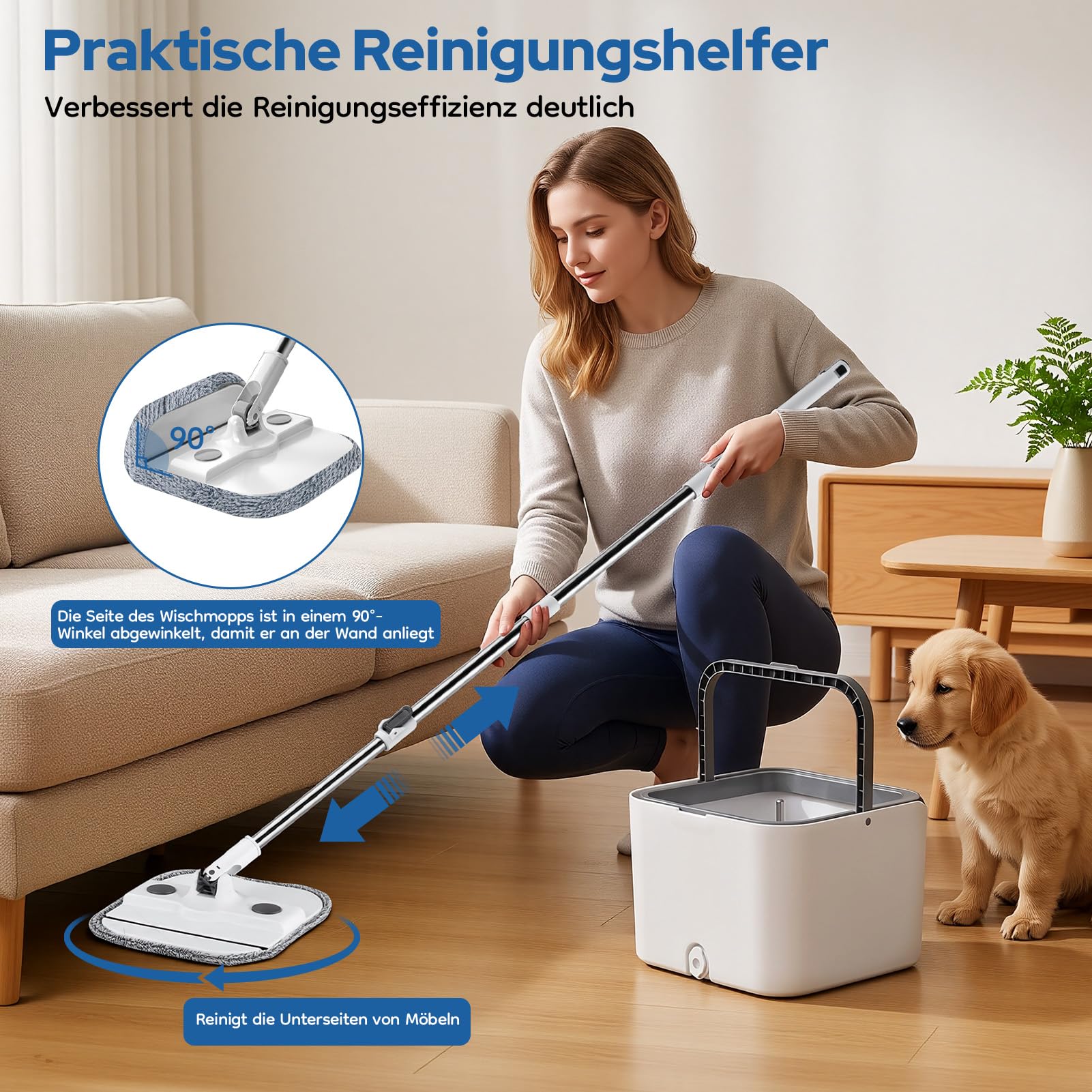 papasbox Wischmopp Set mit Eimer 2 Kammern Bodenwischer Wischer Boden | Auswringfunktion mit 2 Mikrofaser Pads Wischmop für Nass- & Trockenmopps für den Haushalt