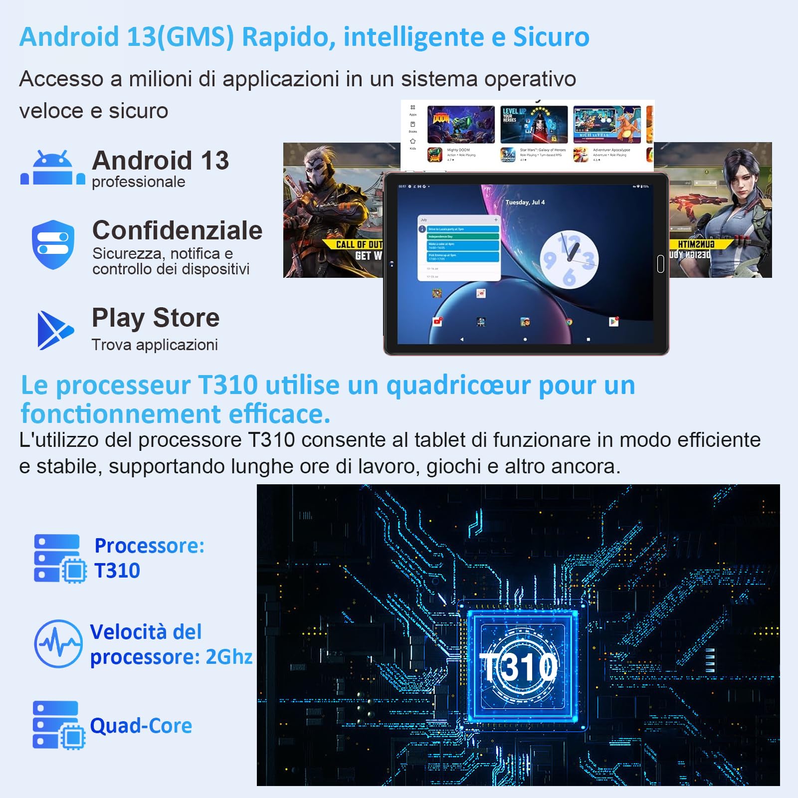 GOODTEL Tablet Android 13 da 10 pollici 10GB RAM + 64GB ROM (1TB TF) Quad-Core con |5G + 2.4G WiFi |GPS |Bluetooth 5.0 |8MP + 5MP, Touch Tablet con custodia, tastiera e mouse - Rosso