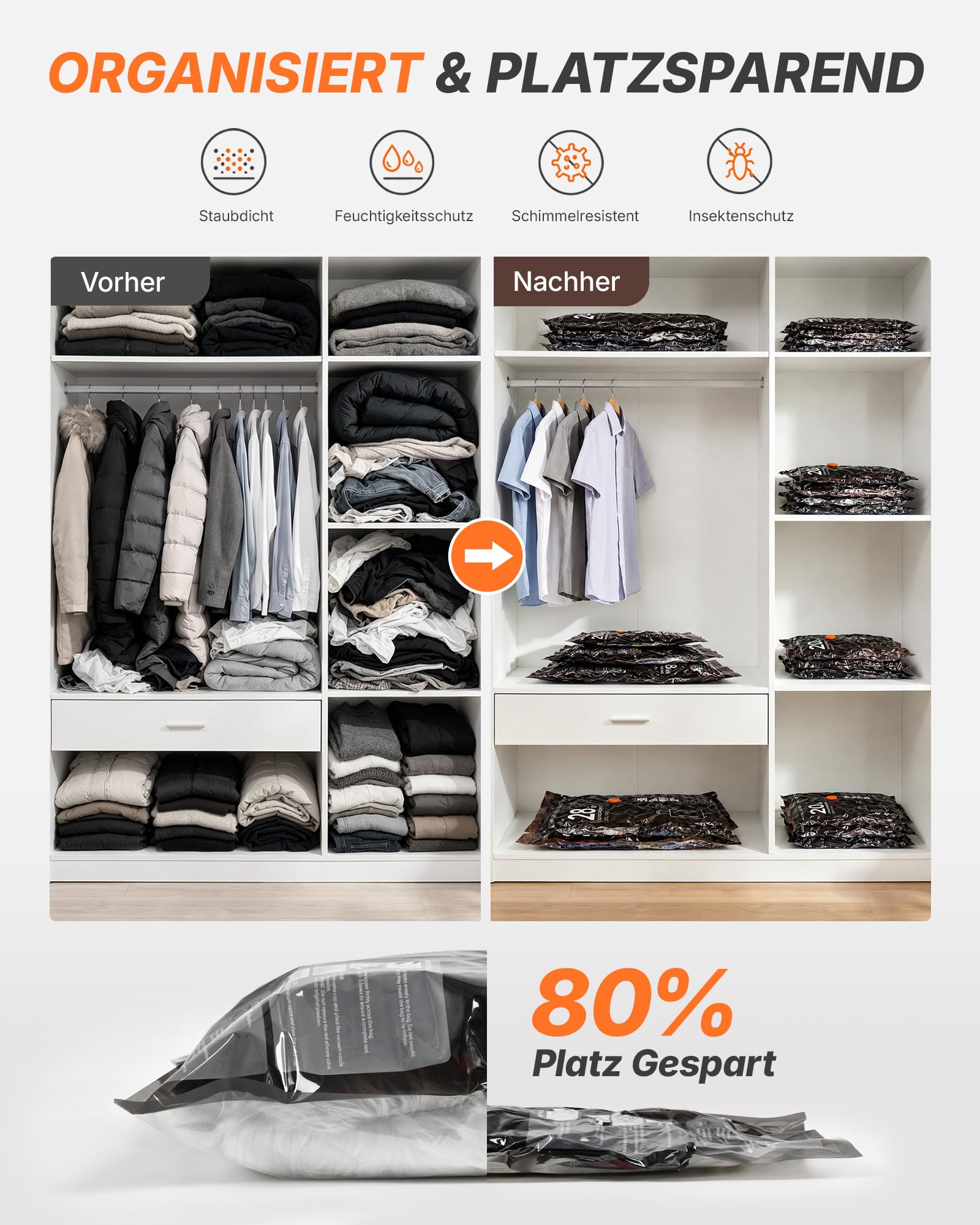 Vakuumbeutel für Kleidung mit kabelloser Vakuumpumpe,Vacuum Bags for Clothing – 15 Beutel (6 * 54x40, 6 * 64x47, 3 * 74x54cm) – Platzsparende Vakuumierbeutel, speziell für Reisen & Kofferorganisation