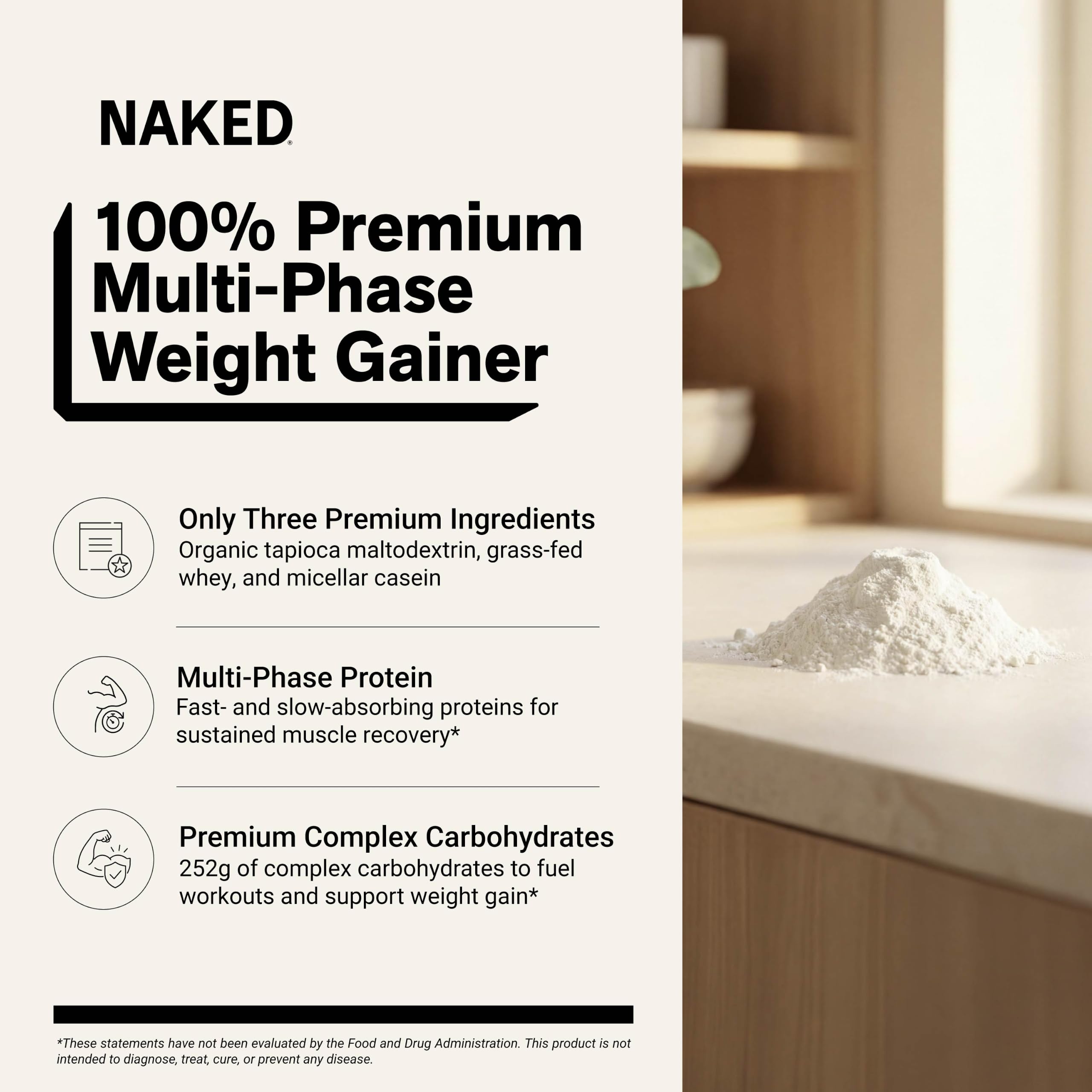 NAKED Mass - Natural Weight Gainer Protein Powder - 8 LB Bulk, NSF Certified, GMO Free, Gluten Free & Soy Free. No Artificial Ingredients - 1,250 Calories per Serving — Amazon image 2