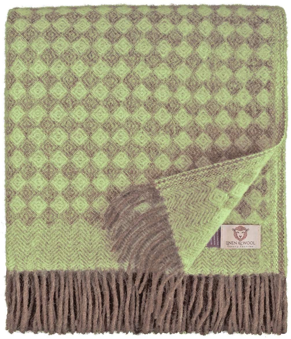 Linen & Cotton Plaid de Luxe Paris Diamant Sergé - 100% Pure Laine de Nouvelle-Zélande, Brun Marron Vert (140 x 200cm) Couverture Chauffante/Jeté de Canapé/Couvre Lit Polaire/Blanket Sofa Fauteuil