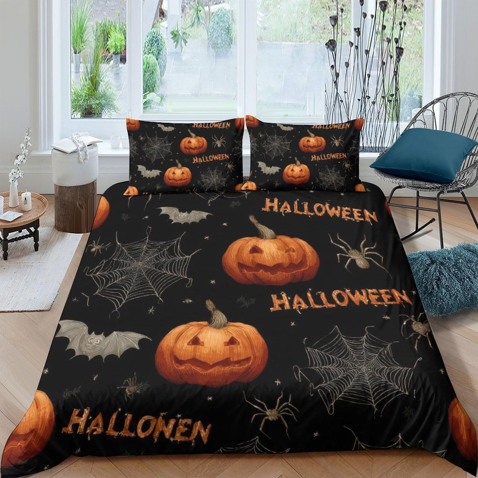 Ctjqhvkz Style-1 3D Printed Halloween Pumpkin Fitted Sheet Microfiber Black Bat Mattress Cover Washable Bedroom Dorm Decor Single（135X200cm）