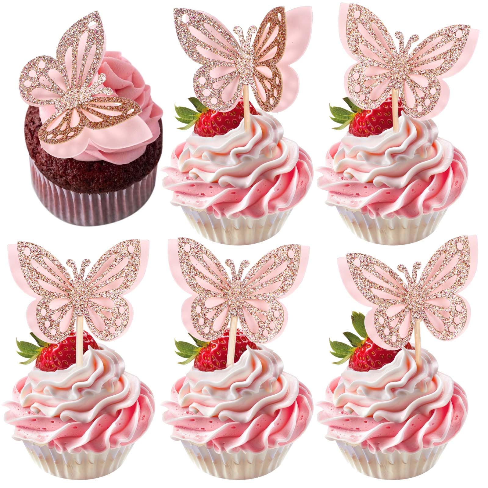 cobee 48 Pcs Butterfly Cupcake Toppers, Lively 3D Glitter Butterfly Cake Topper Double Layer Happy Birthday Cake Decor for Baby Shower Wedding