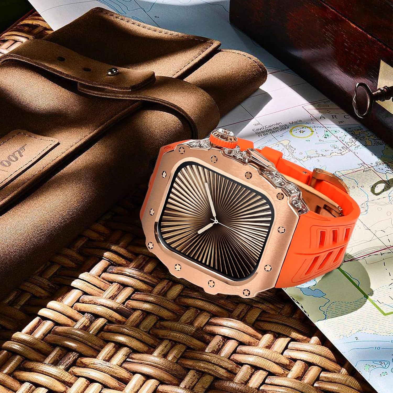 316L Stainless Steel Case for Apple Watch 46mm Fluorine Rubber Band, Mens Luxury Bumper Cover iWatch 11/10 46mm Shock-Resistant Case Replacement FKM Strap (46mm, Rose gold) - Image 5