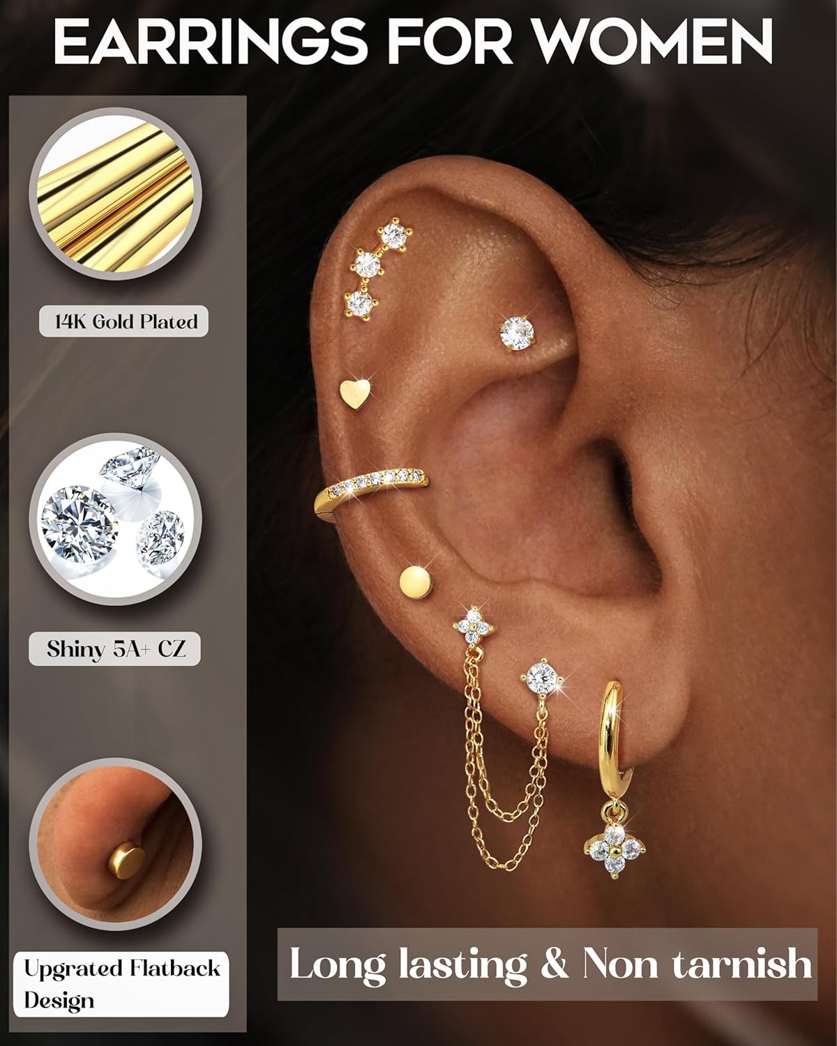 CASSIECA 7 paar oorpiercings voor dames, chirurgisch staal, verguld, zilver, kraakbeen-oorbellen, hypoallergeen, tragus-helix, meerdere piercings voor
