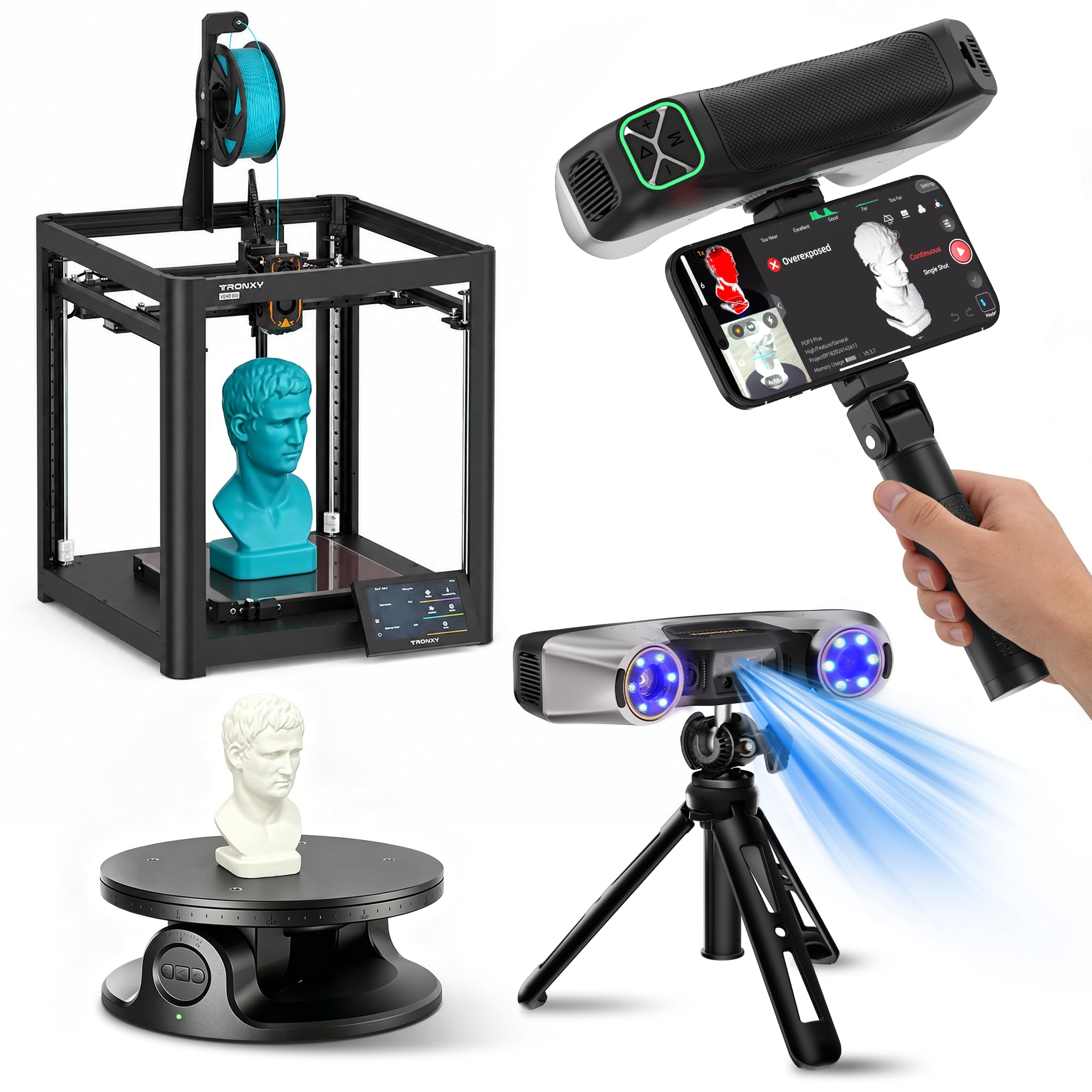 Revopoint MetroY Pro 3D Scanner & VEHO 3 3D Drucker, Komplettlösung für 3D-Scannen, Reverse Engineering, CAD-Modellierung und Hochgeschwindigkeits-3D-Druck