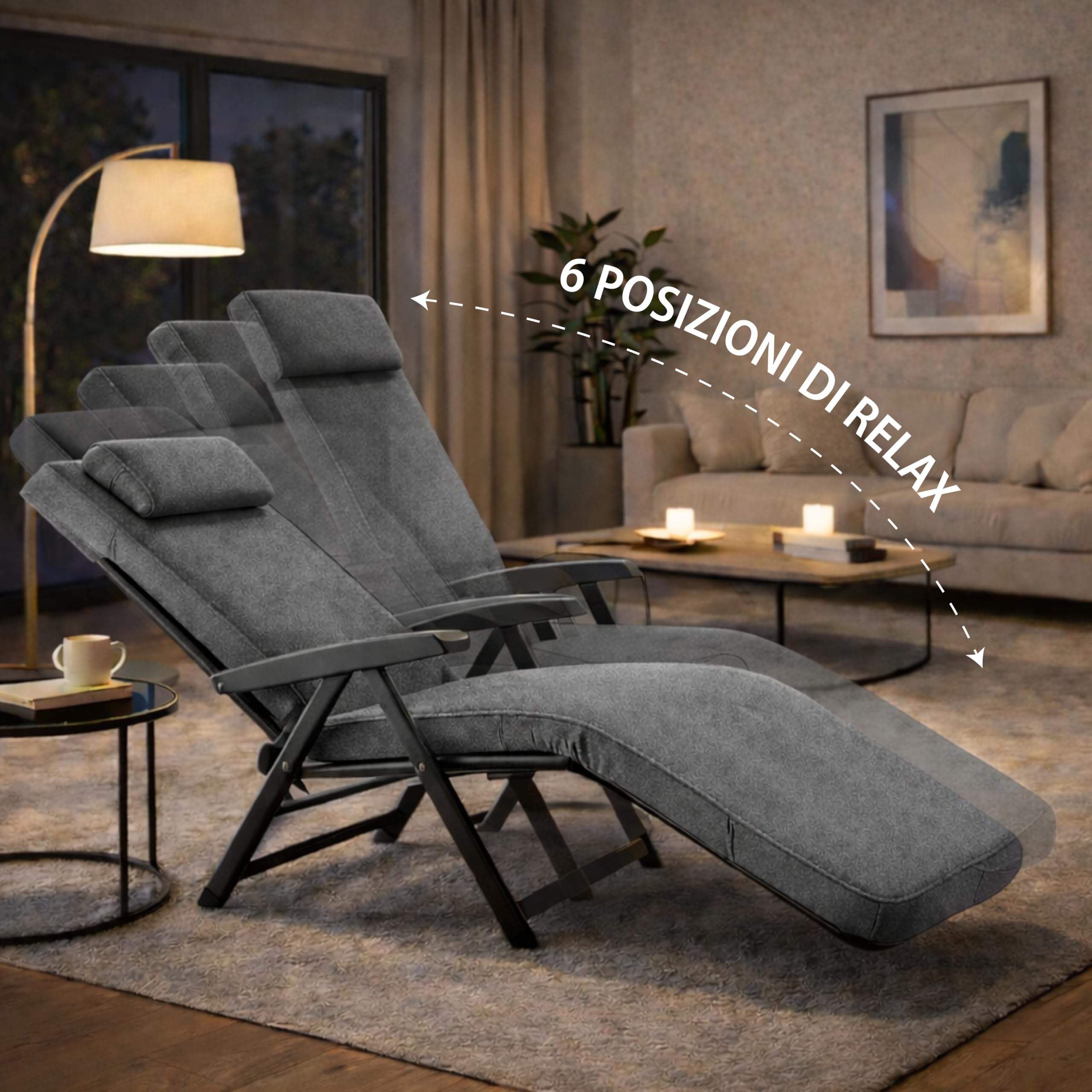 MA MAISON Poltrona Reclinabile Automatica Imbottita 154x60x65 cm - con Poggiatesta, 6 Posizioni, Braccioli Ergonomici, Struttura in Acciaio, Poggiapiedi, per Interno, Esterno - Made in Italy GRIGIO