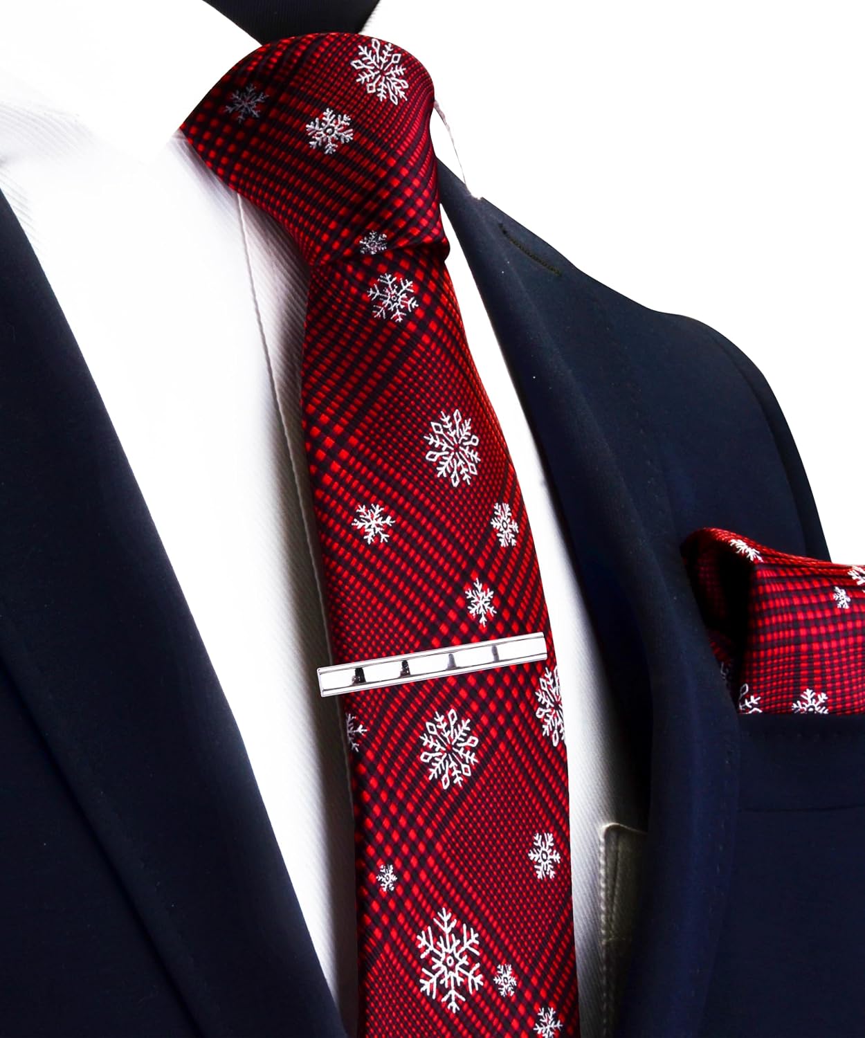 GUSLESON 3.15"（8cm） Christmas Tie Festival Necktie Pocket Square and Tie Clip Set with Gift Box