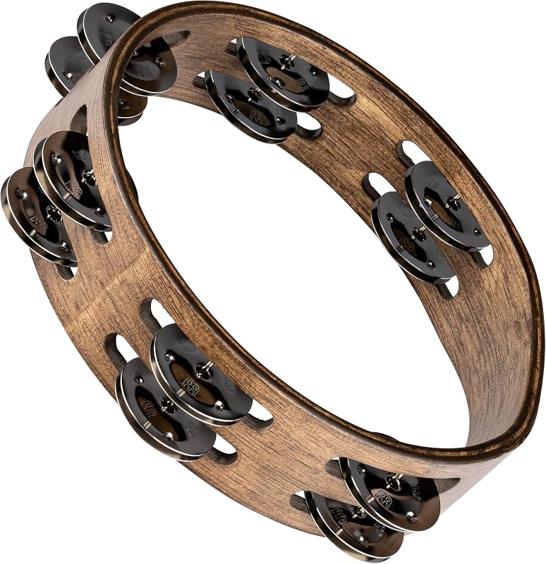 CTA2WB Compact 8-Inch Wood Tambourine with Double Row Stainless Steel Jingles, Walnut Brown