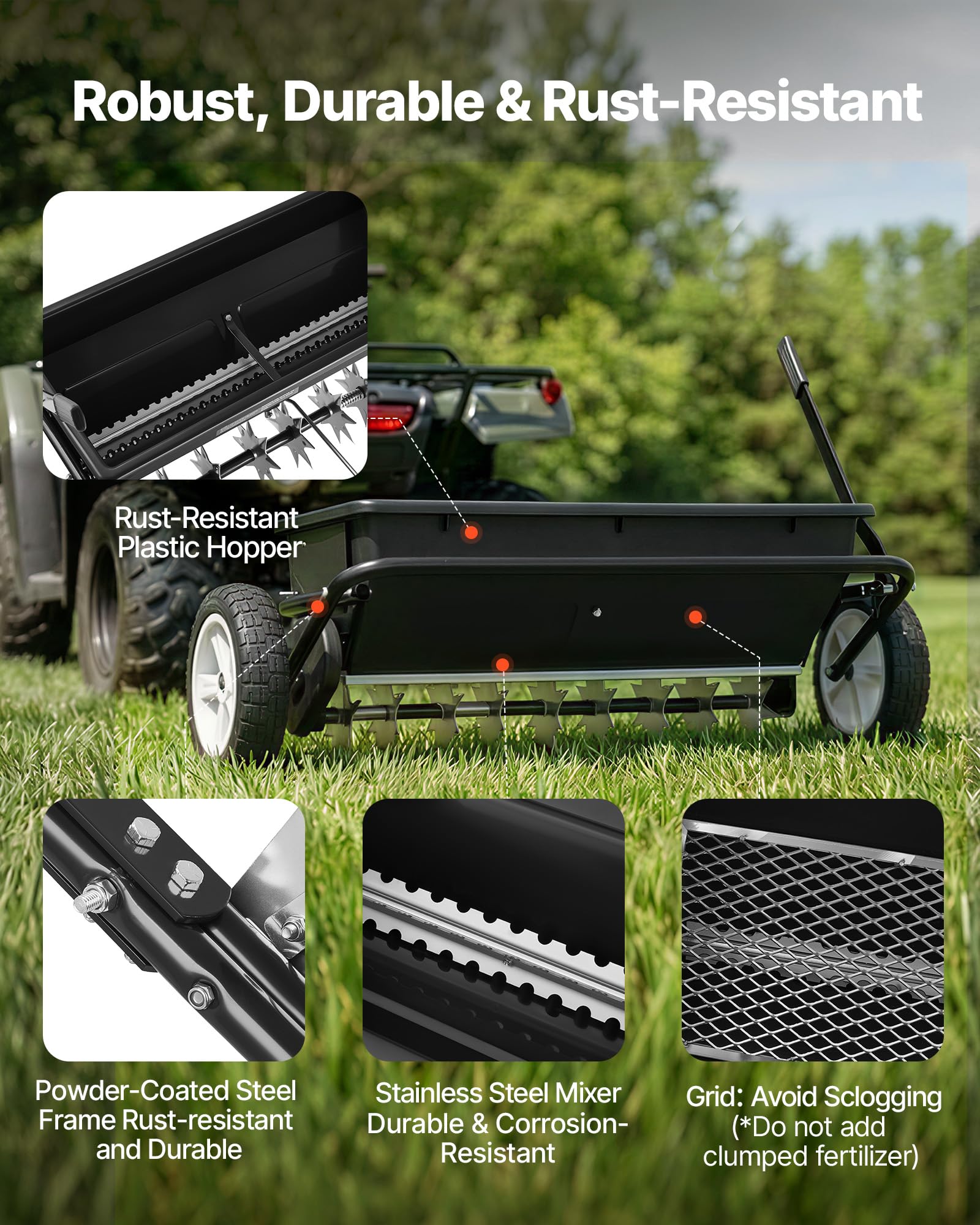 VEVOR Épandeur Engrais Tracté 45 kg Épandeur à Semence à Remorquer avec Aérateur Gazon, Semoir pour Graines, Sel, Compatible avec VTT UTV, Largeur Épandage 81 cm, avec Attelage Universel, Roue 25,4 cm