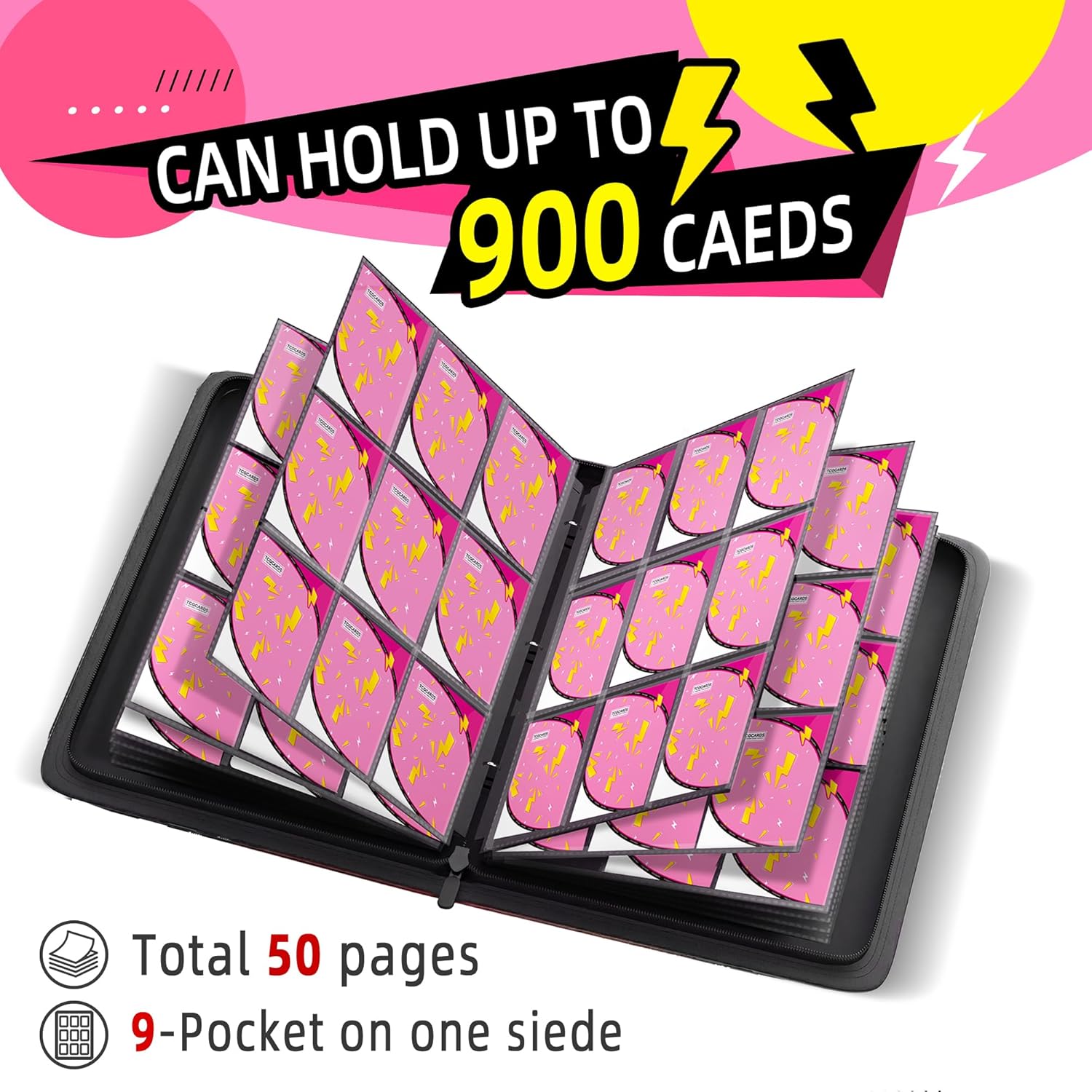 Trading Card Binder 9 Pocket,900 Pocket Card Collection Binder with 50 Removable Sleeves,PU Waterproof Top Card Book,3-Ring Zipper Collectible Trading Card Album for MTG/TCG/Card Holder Gift（Pink）