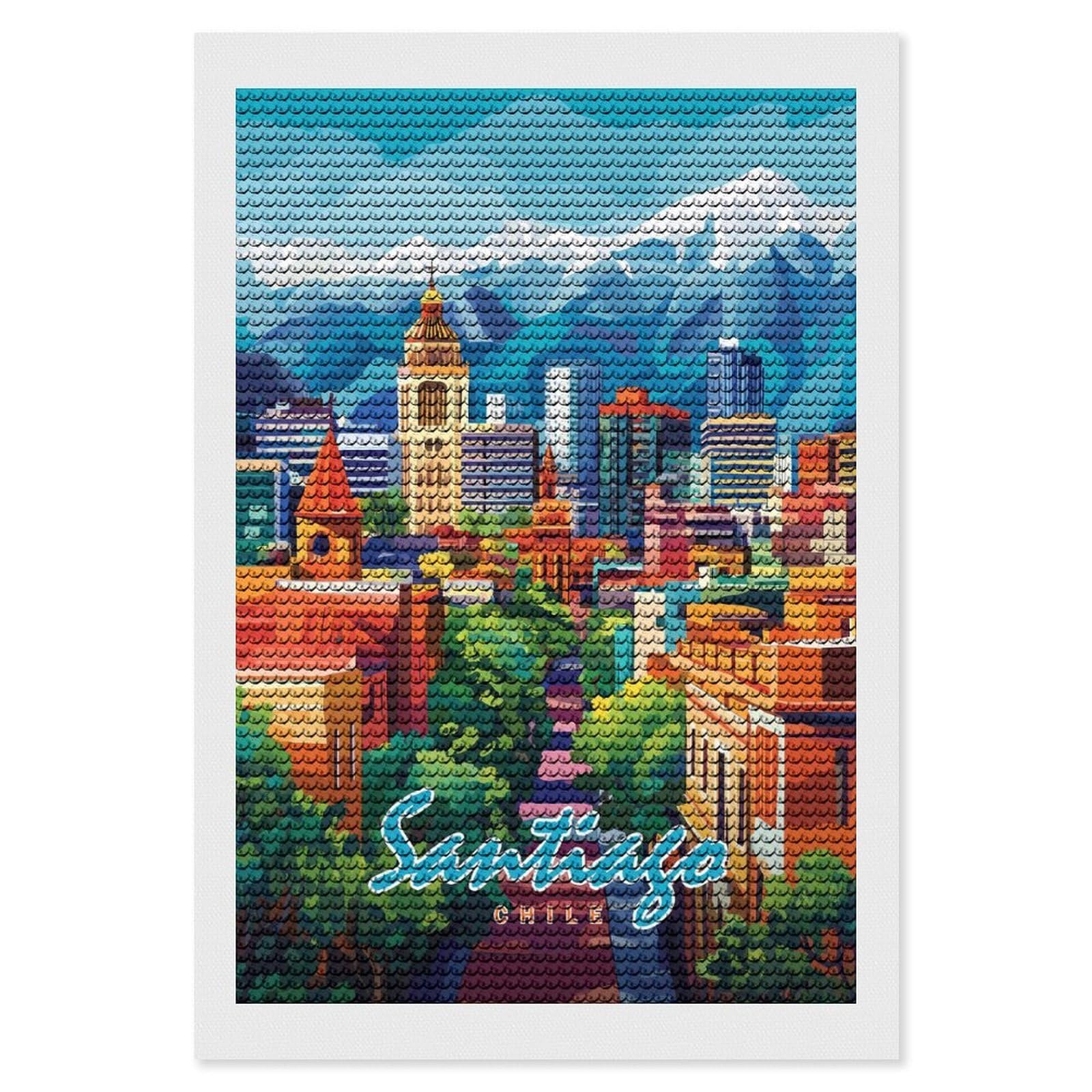 Junmoney Santiago, Chile Cityscape(2) Diamond Painting Canvas Set 8"x12", for Women, Mindful Craft Activity, Cosy Home Accent, Festive Craft Gift