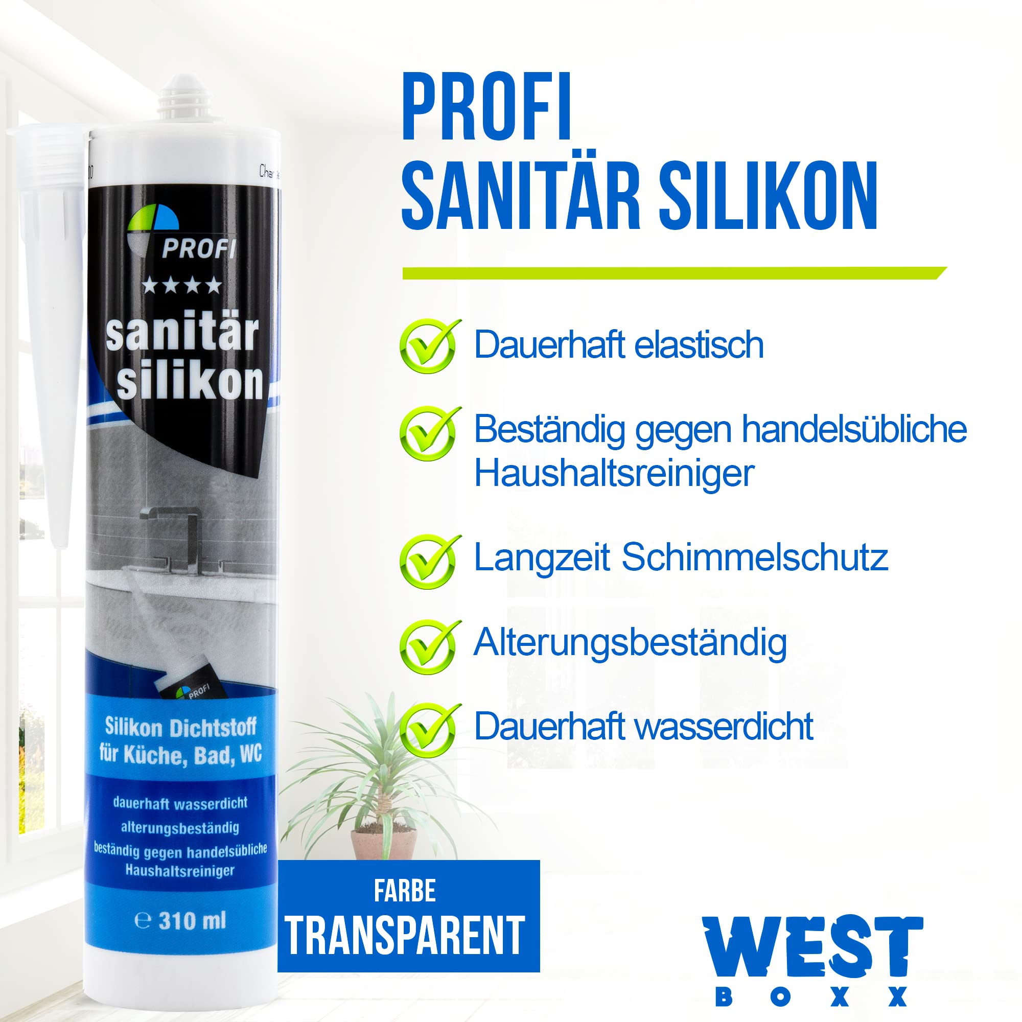 Set aus 12x Profi Sanitär Silikon 310ml, Sanitärsilikon transparent, Dichtstoff wasserdicht, ideal für Sanitärbereich, Küche, Bad, WC, Glas, Fliesen, Keramik