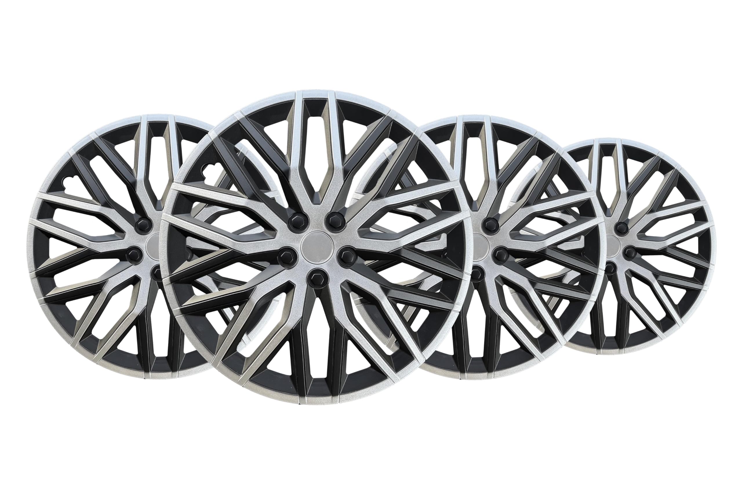 Copricerchi 16" Nova Nero/Argento, Set di 4 unità, Universali, ABS ad alto impatto, Fissaggio a pressione, Design moderno e ventilazione ottimizzata