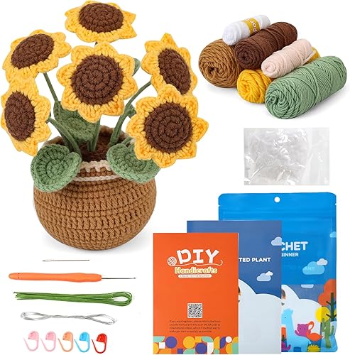 Cedarol Kit de ganchillo para principiantes, kit de ganchillo de tulipán multicolor en maceta, kit de inicio de ganchillo con video paso a paso y
