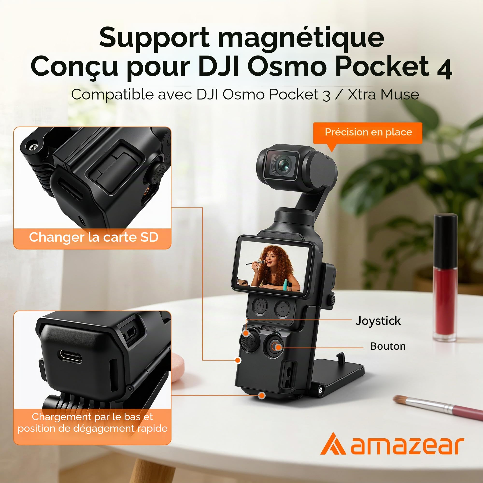 AMAZEAR Support magnétique pour DJI Osmo Pocket 4/3, Accessoire Pocket4/3, Adaptateur d'extension magnétique, Support de boîtier à succion Aimant sur Bureau, Surface Verticale, Ajustable à 180°