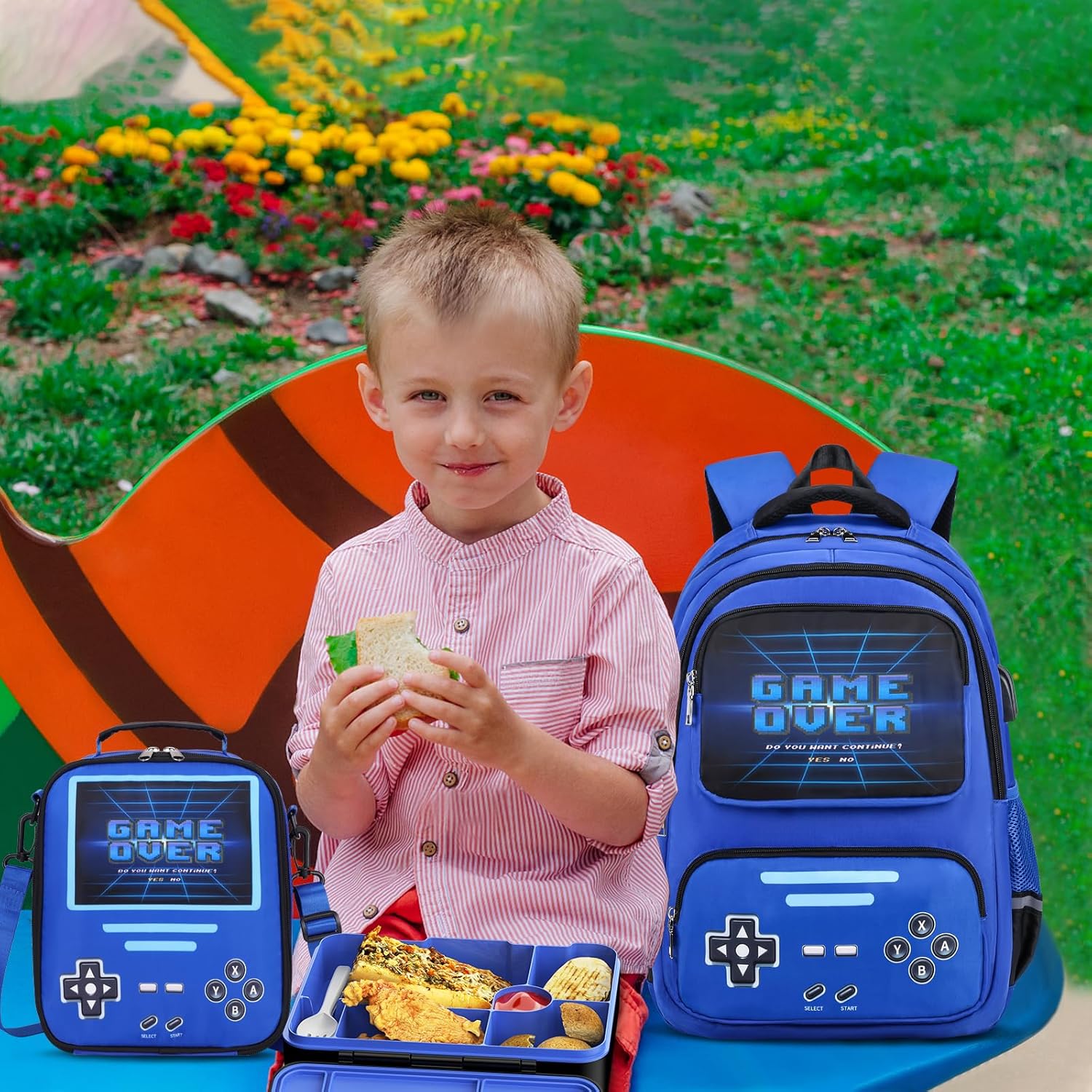 Game luminous Boys Backpack - Bento Box with Insulated Lunch Bag Pencil Case, Utensils Set for Kids, 6 Leakproof Compartments Removable Tray Lunches or Snack Container (Blue)