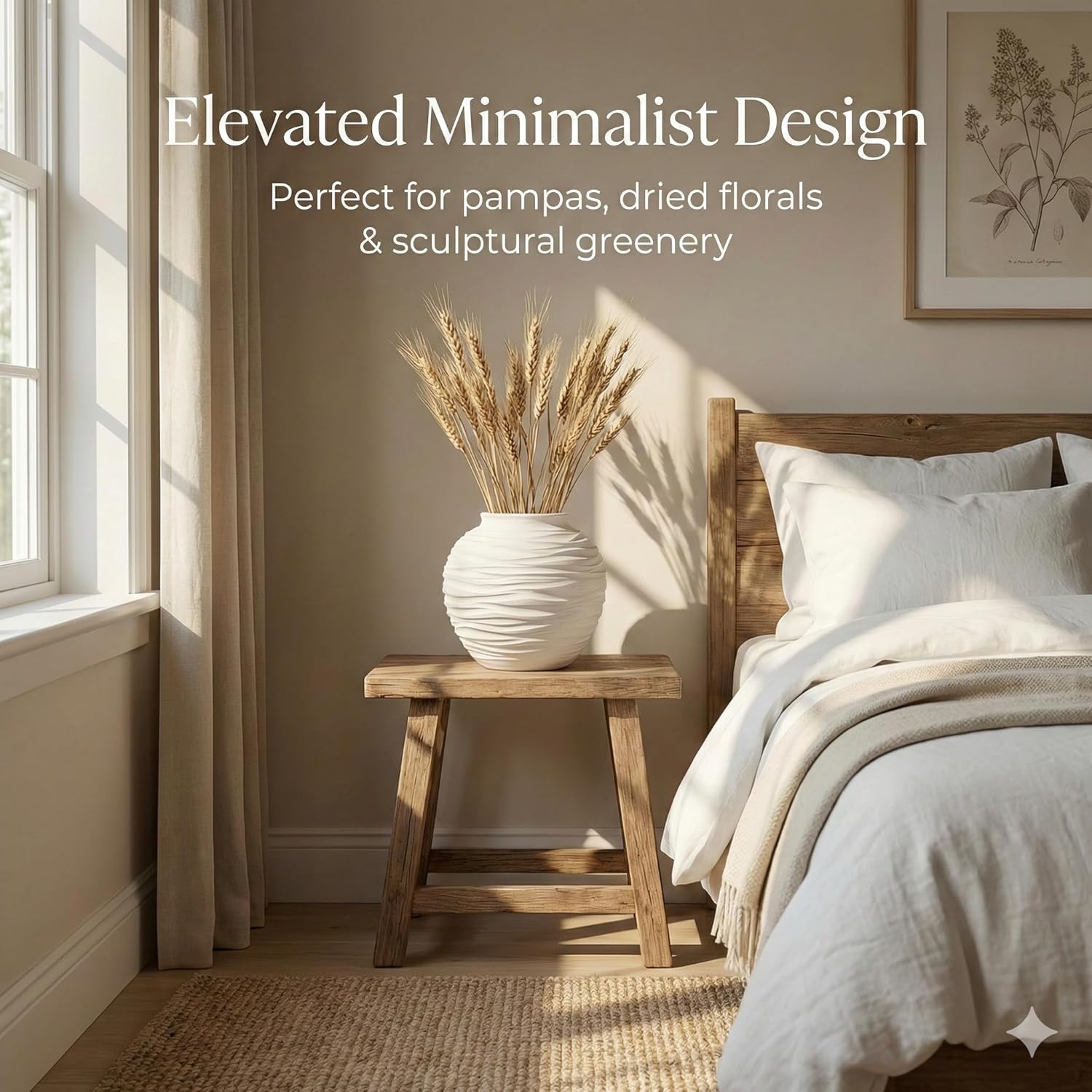 White Ceramic Vase for Home Decor - Rustic Farmhouse Flower Vase, Hand-Carved Spiral Texture, Decorative Round Pottery Vase for Living Room, Table, Shelf, Centerpiece (Matte White) - Medium