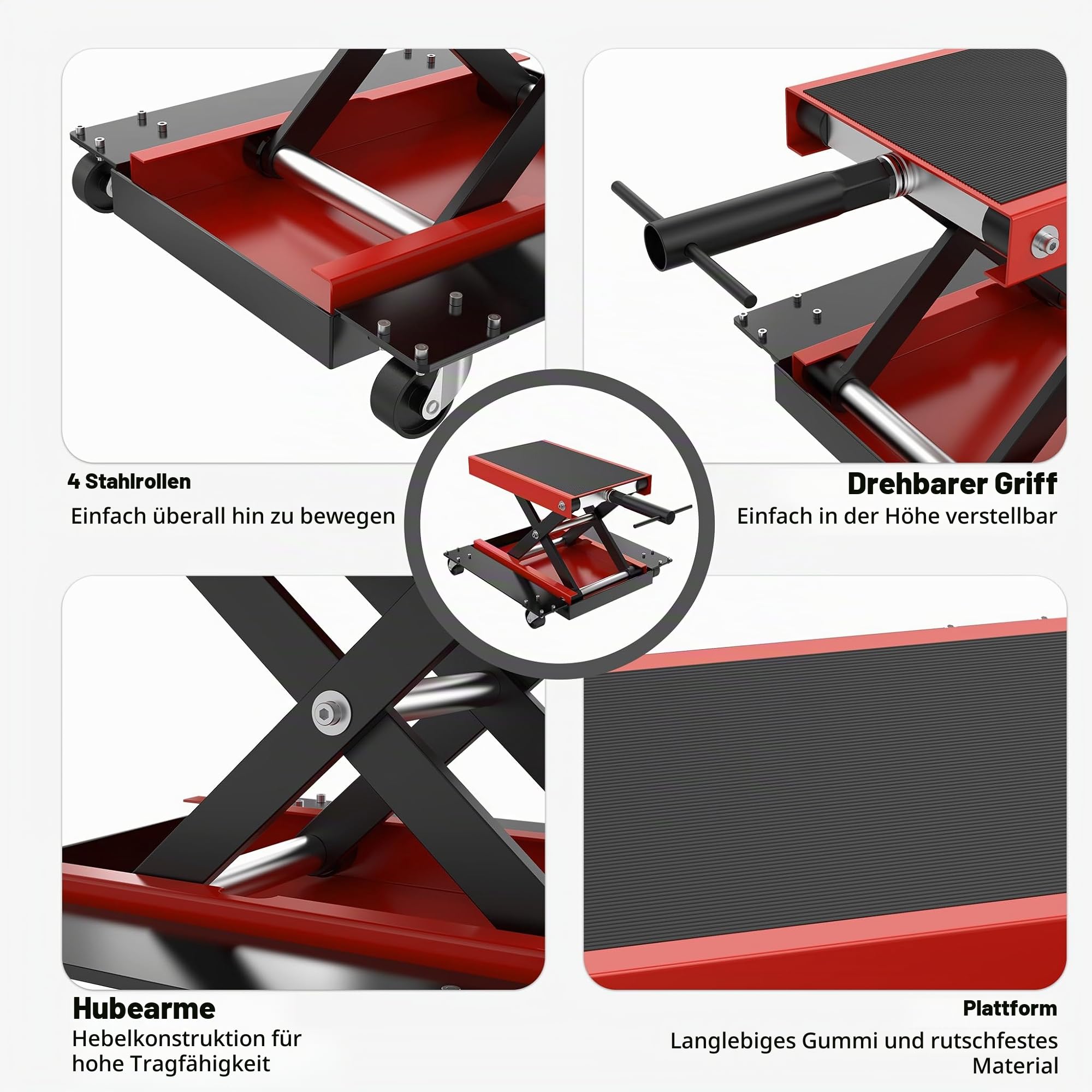 UISEBRT Rangierhilfe Motorradheber mit Rollen, höhenverstellbar bis 500 kg, Motorradhebebühne für Reparaturen von Motorrädern, ATVs & Quads, Einsatz in Garage