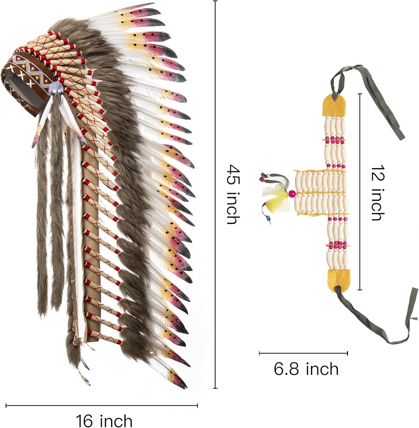 Miniatura 5 de Ballinger Tocado indio nativo americano tocado grande de plumas y gargantilla para decoración nativa americana carnaval fiesta de Halloween y juego