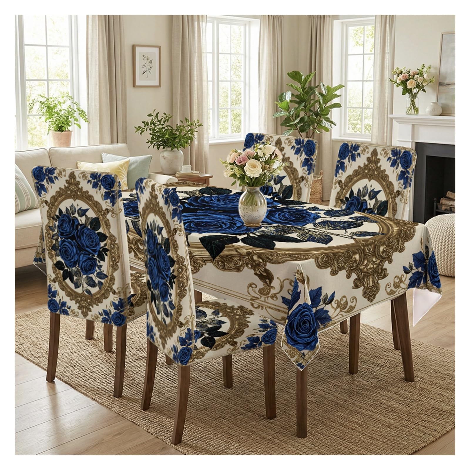 KXUAUV Stretch Dining Chair Slipcover & Tablecloth Set, Blue Rose Baroque Print, 5/7 Pack, Elegant Formal Dining Room Kitchen Home Decor Party Decor(5pcs Set: Tablecloth+Chair Covers)