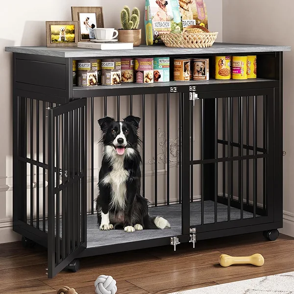 Halitaa 39.4" Dog Crate Furniture for Medium and Large Breed, Dog Kennel Furniture with Storage Shelf & Lockable Wheels, Heavy Duty Wooden End Side Table Pet Cage Indoor, Chew-Resistant, Grey