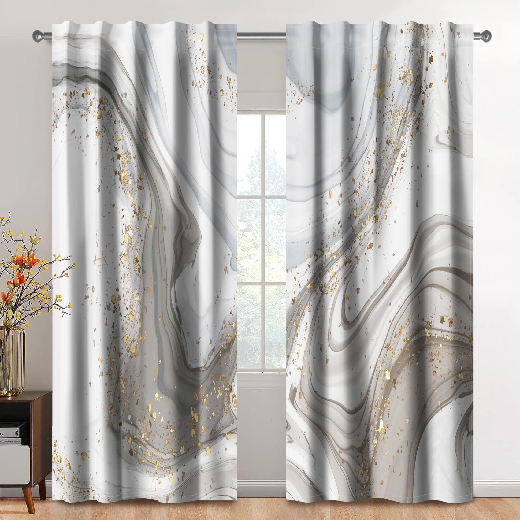 Kzzfqxb 107x215cm Rod Pocket Curtains 2 Panels, Modern Abstract Light Grey Ocean Wave Water Flow with Golden Foil Sand Marble Pattern Window Drapes, Fashion Artistic Decor for Bedroom Living Room — image 1