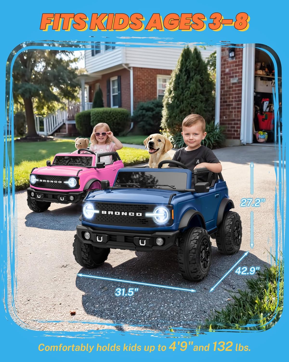 ENYOPRO 24V Ride on Toys, Licensed Ford Bronco Base 2 Seater Ride on Car for Kids, Electric Car with Remote Control, Seat Belts, LED Headlights, Bluetooth, Soft Start, Spring Suspension (Blue)
