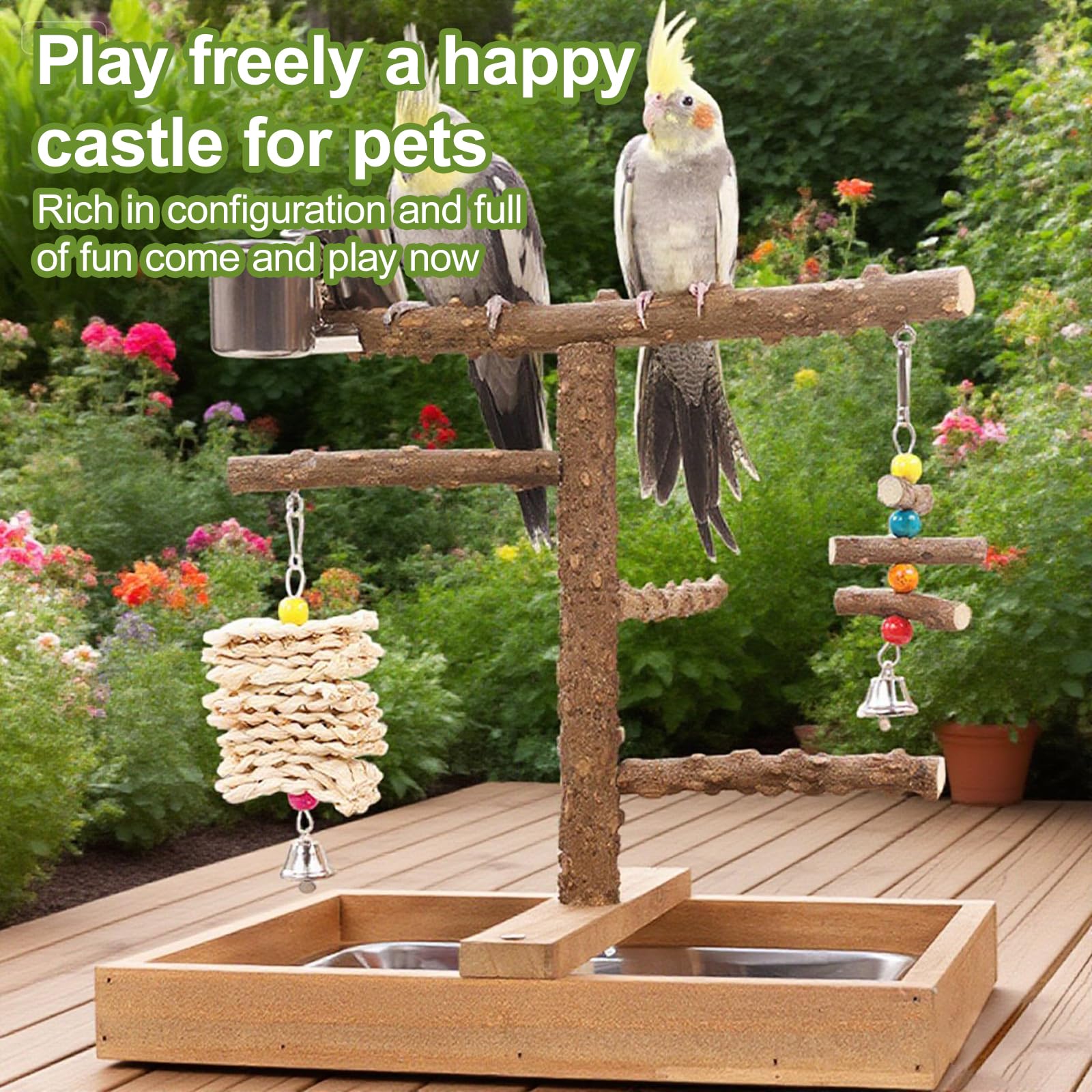 Juguetes para Loros y Periquitos, Percha para PáJaros, Accesorios para Jaula con Bandeja, Comederos, Juguetes para Masticar Colgantes, Amplia Zona de Juegos para Periquitos, CacatúAs y Cotorras