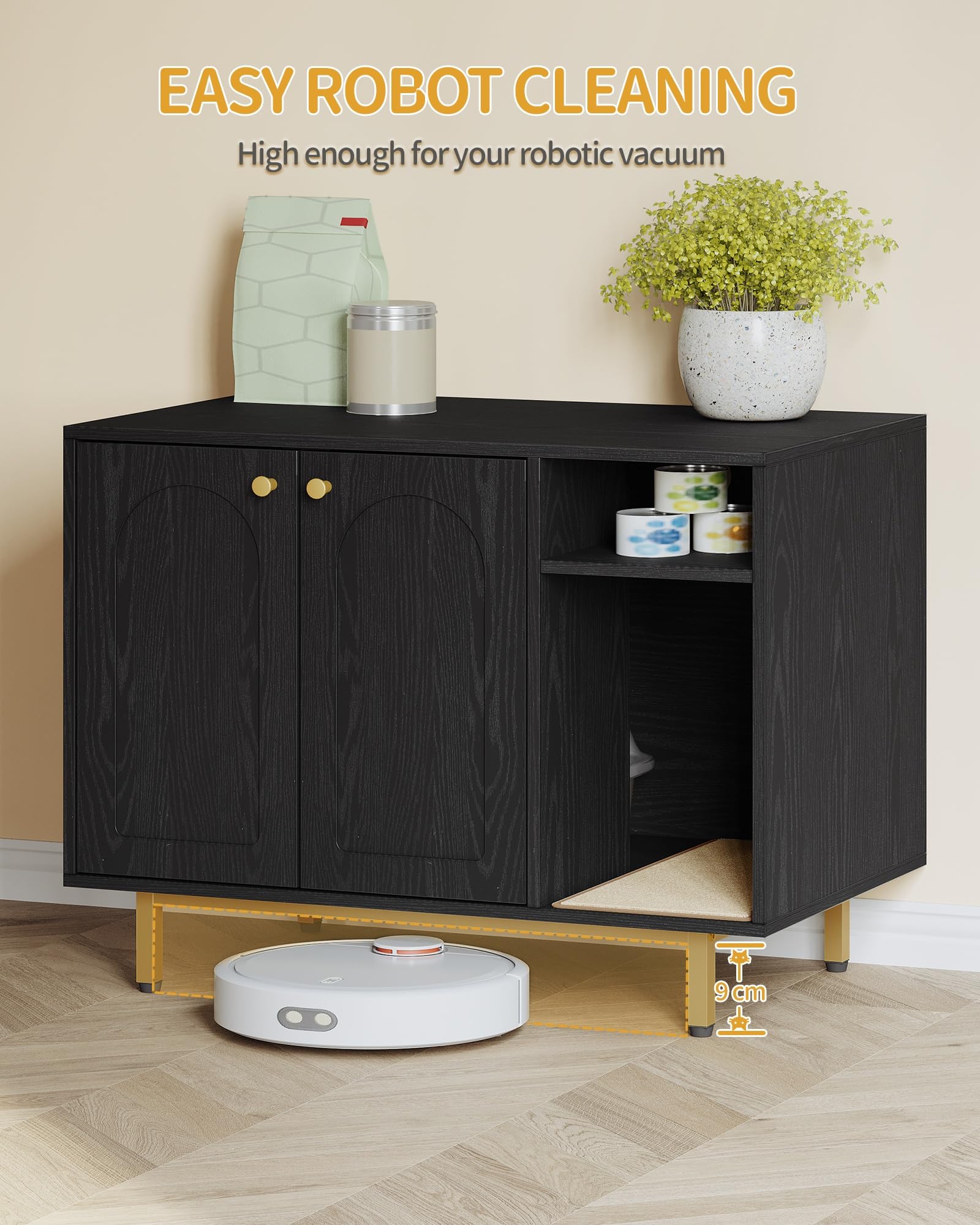 Hzuaneri Mobile Lettiera per Gatti, Mobiletto Lettiera Gatto, Casa per Gatto Multifunzione, Con Porta e Divisorio Separato, Armadietto per Gatti, Facile da Montare, Nero e Oro CB01504G