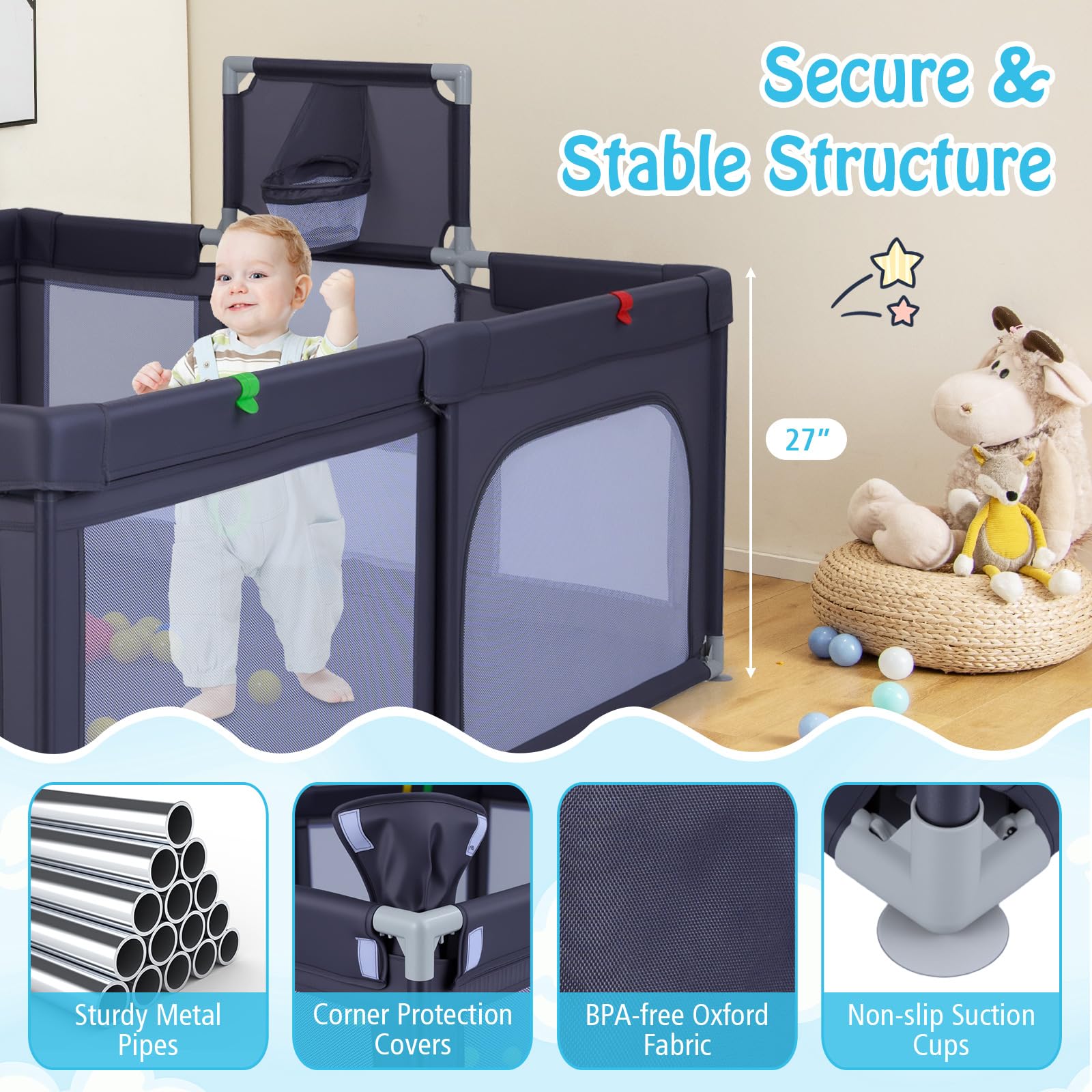 FANTASK Baby Playpen Kojec składany, z koszem do koszykówki i siatkami do piłki nożnej, kojec z torbą do przenoszenia, 50 piłek do gry i uchwytami, kratka do raczkowania z oddychającą siatką