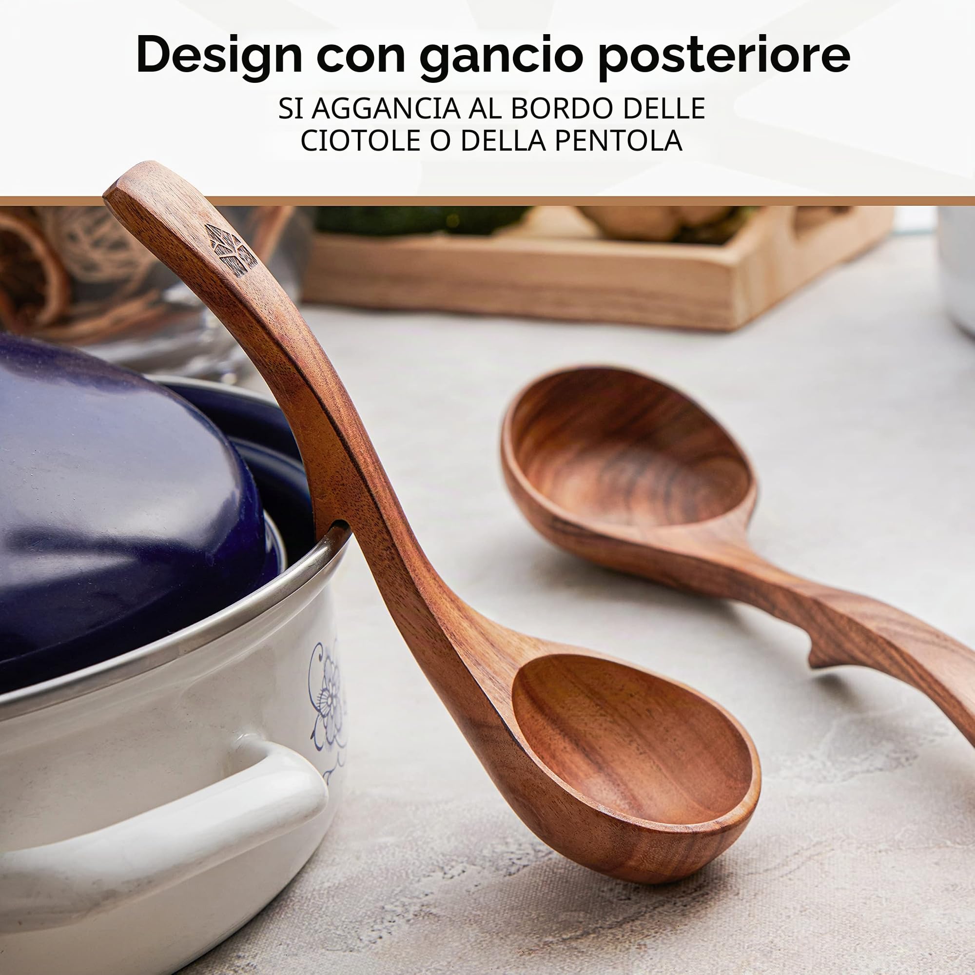 Set Mestoli Cucina Legno, Mestolo Zuppa, Antigraffio, Fatti a Mano con Ganci, Mescolare e Servire Alimenti, Minestre e Zuppe, 3 pezzi