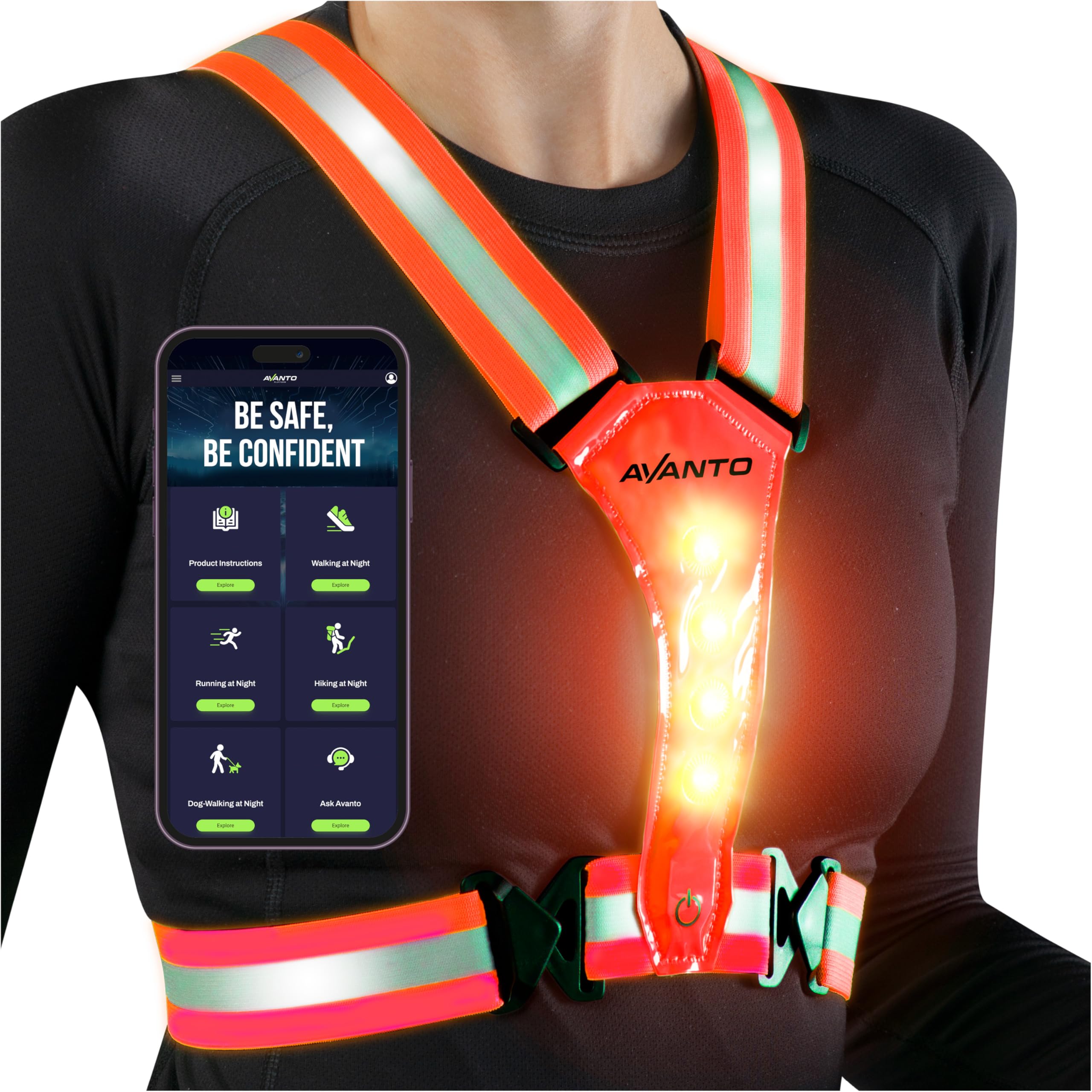 AVANTO LED Reflective Vest, Original, USB-C Rechargeable Running Reflective Gear, Running Lights for Runners, High Visibility Gear, Dog Walking Safety Vests, Orange
