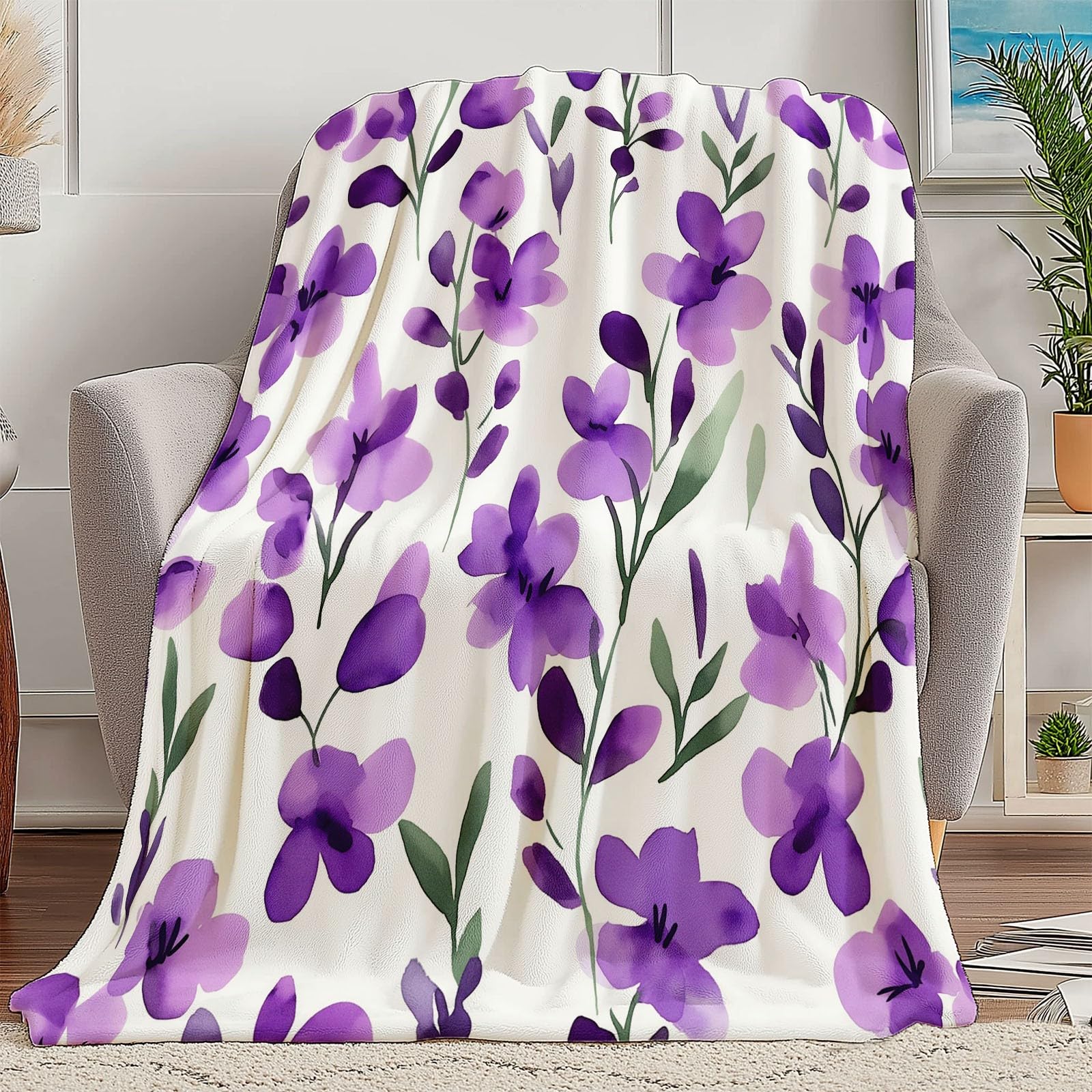 Manta con Estampado Versátil Acuarela Lavanda Flores Manta De Forro Polar De Franela Suave para Silla, Oficina, Habitación, Manta De Sherpa 220 x 240 cm para Adultos Y Niños Púrpura Blanco
