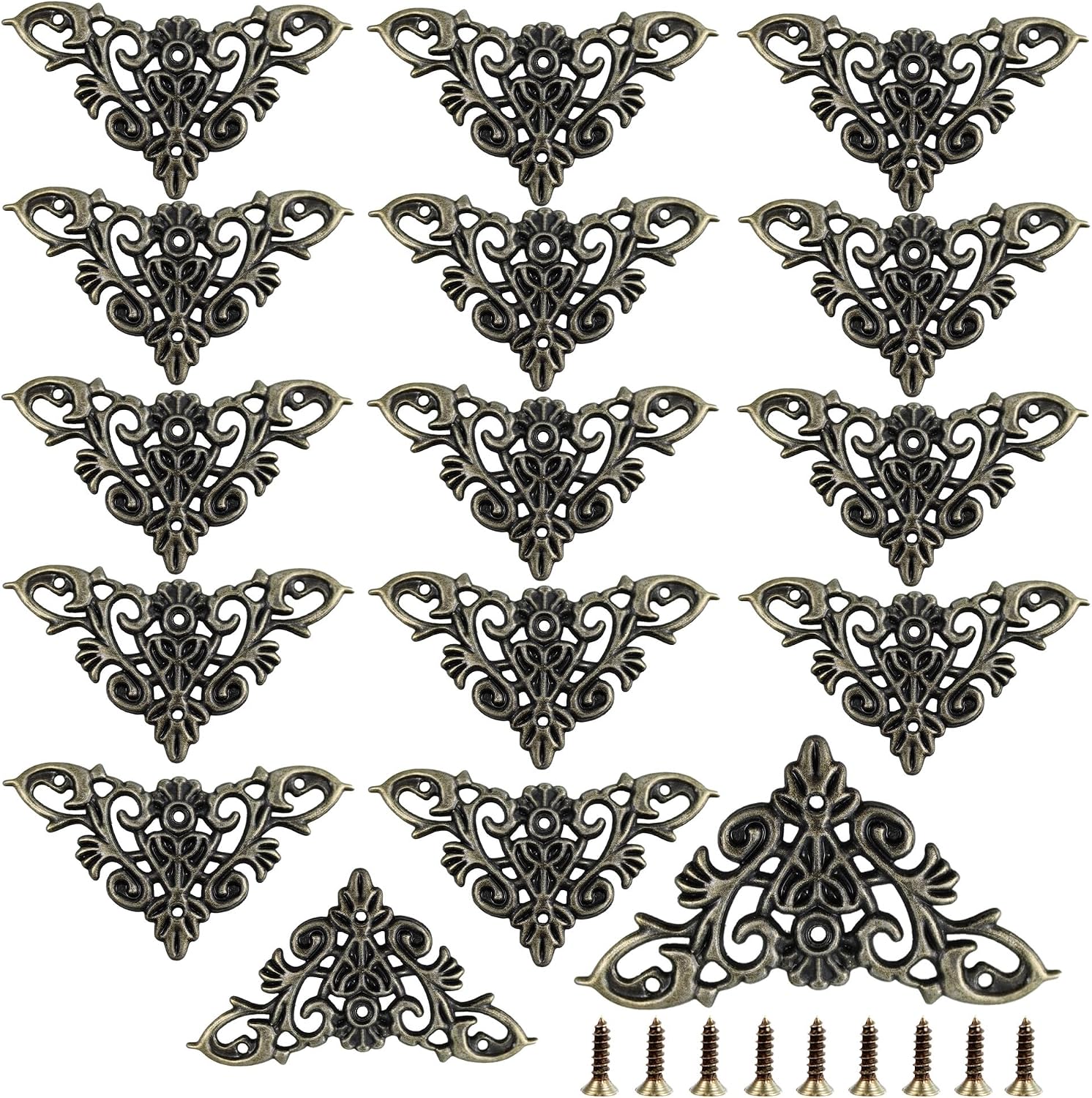 16PCS Antique Bronze Decorative Corner Protectors, 1.9" x 1.3" Metal Furniture Edge Cover Guards, Vintage Embossed Pattern, for Cabinet, Jewelry Box, Photo Frame