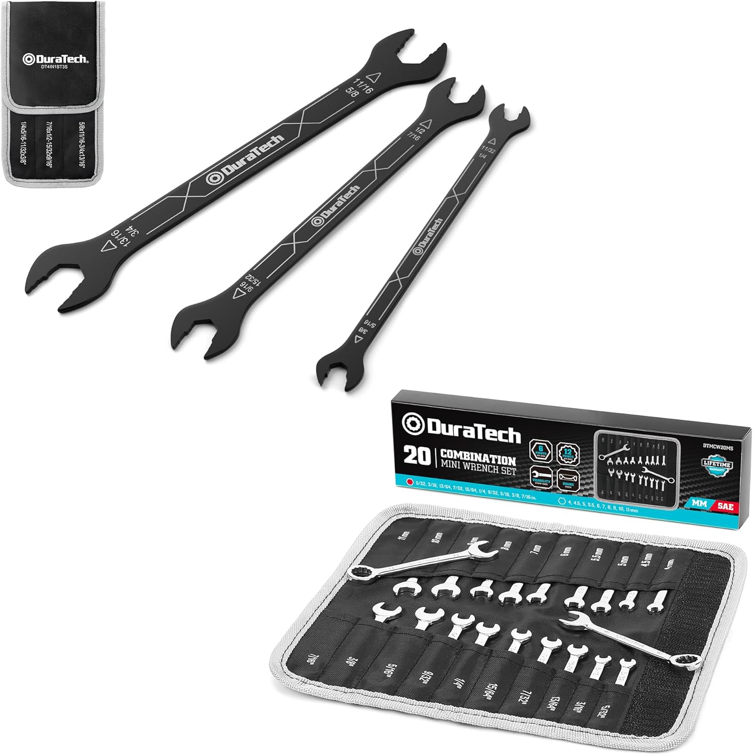 DURATECH 4-in-1 Super-Thin Open End Wrench Set, 3-Piece, 12 Sizes, SAE, 1/4" to 13/16" Mini Wrench Set, Midget Combination Wrench Set, 20-Piece, Metric & SAE, 4-11mm & 5/32" - 7/16",