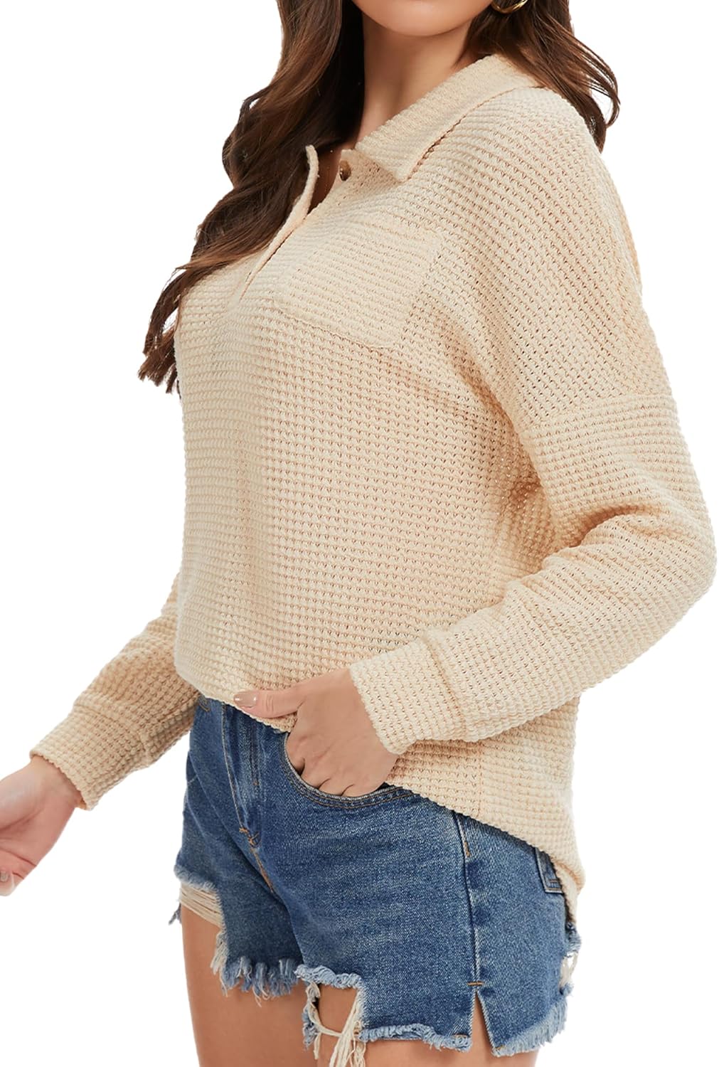 Womens Tops Waffle Knit V-Neck Long Sleeve T-shirts Button Down with Pockets Tunic Fashion Clothing - Image 6